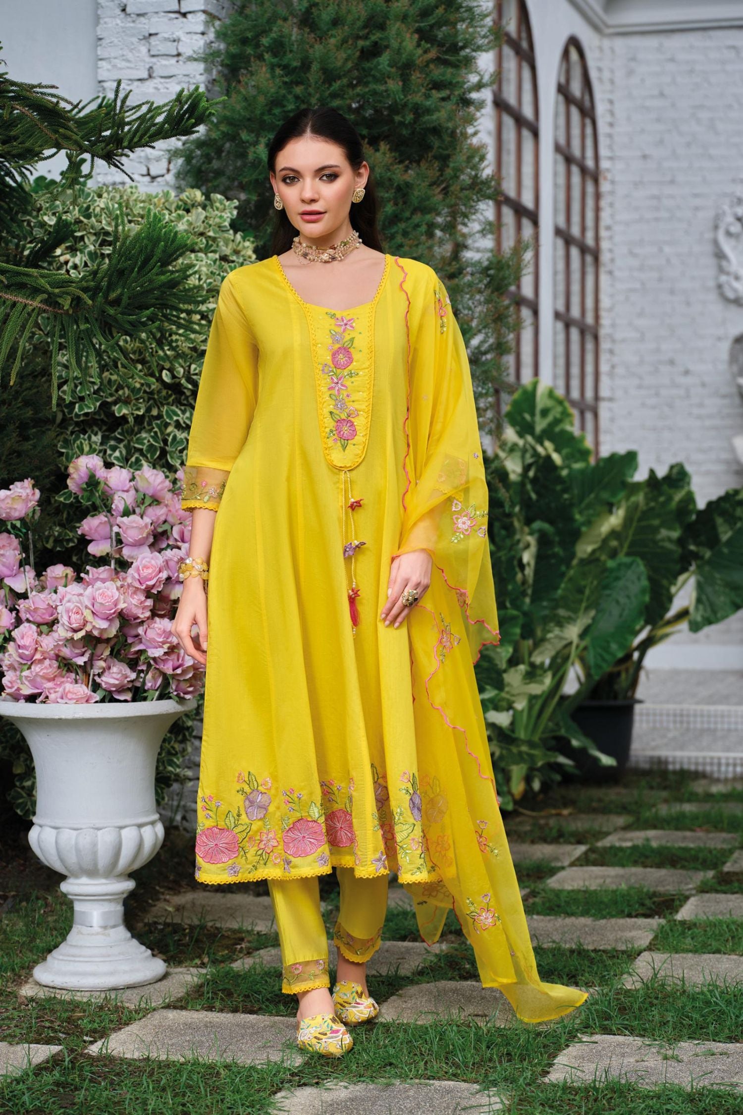 Yellow Mul Chanderi Kantha Work Floral Embroidered Suit Set