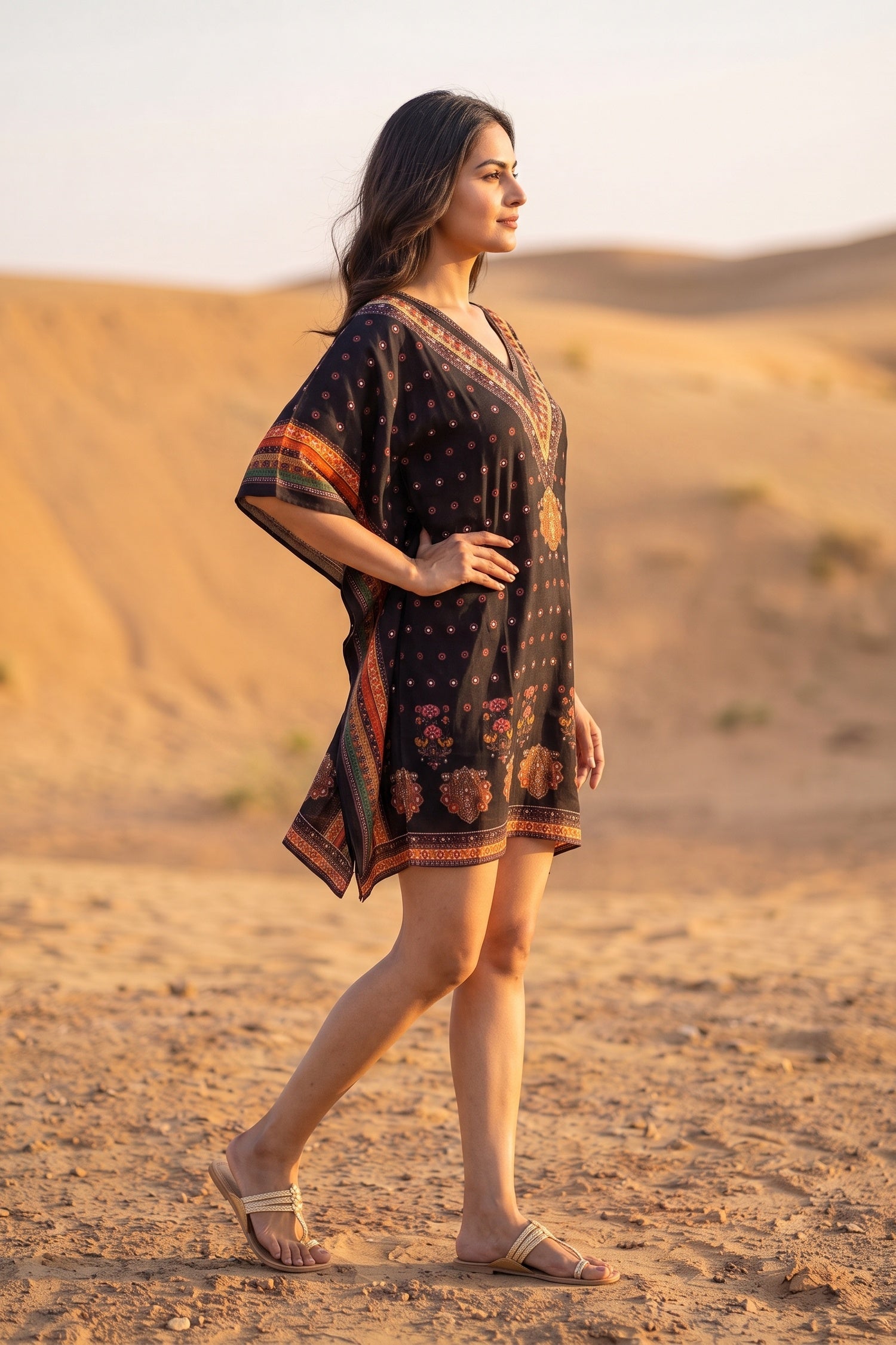 Boho V Neck Dark Red Brown Short Kaftan