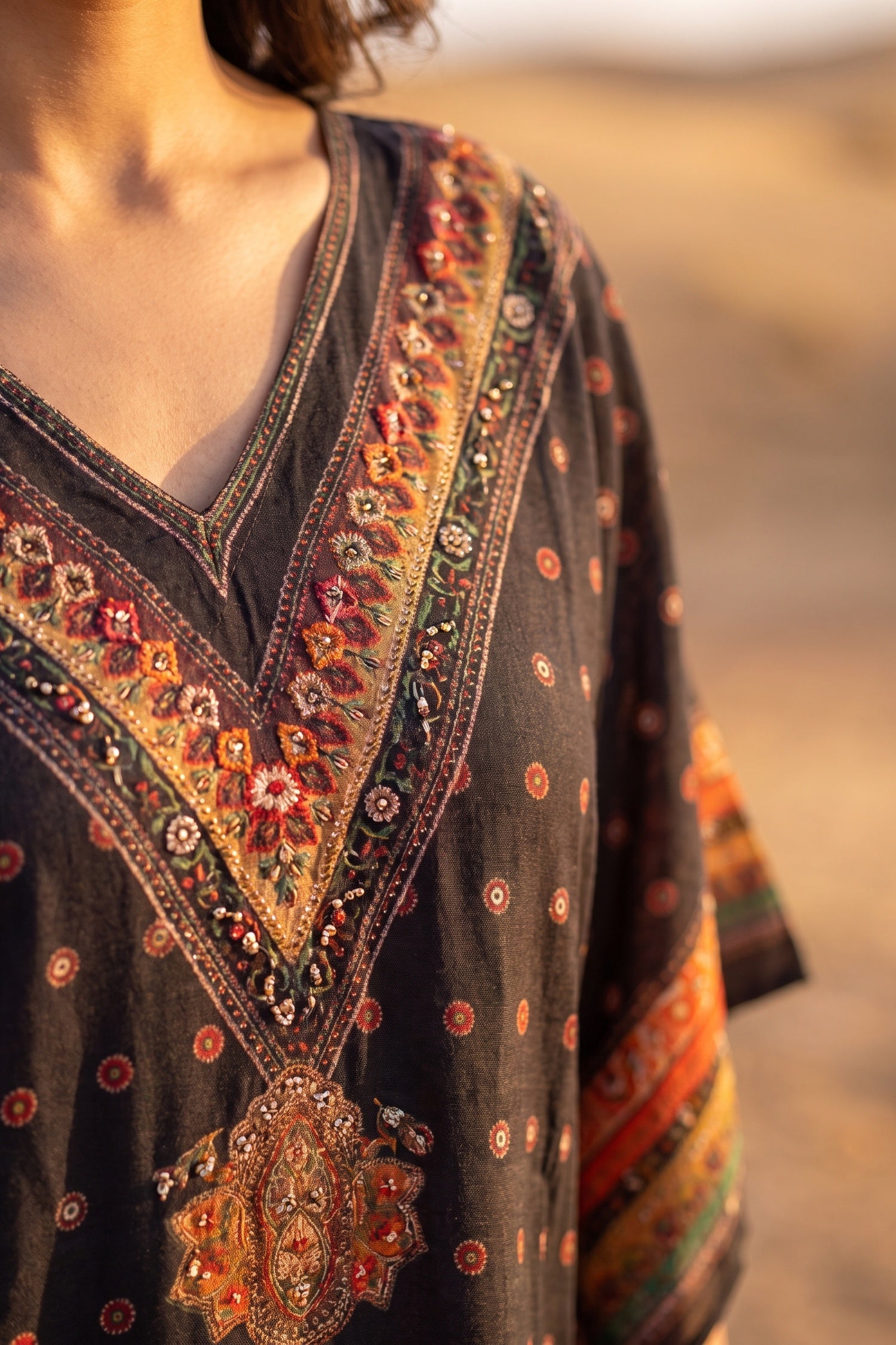 Boho V Neck Dark Red Brown Short Kaftan