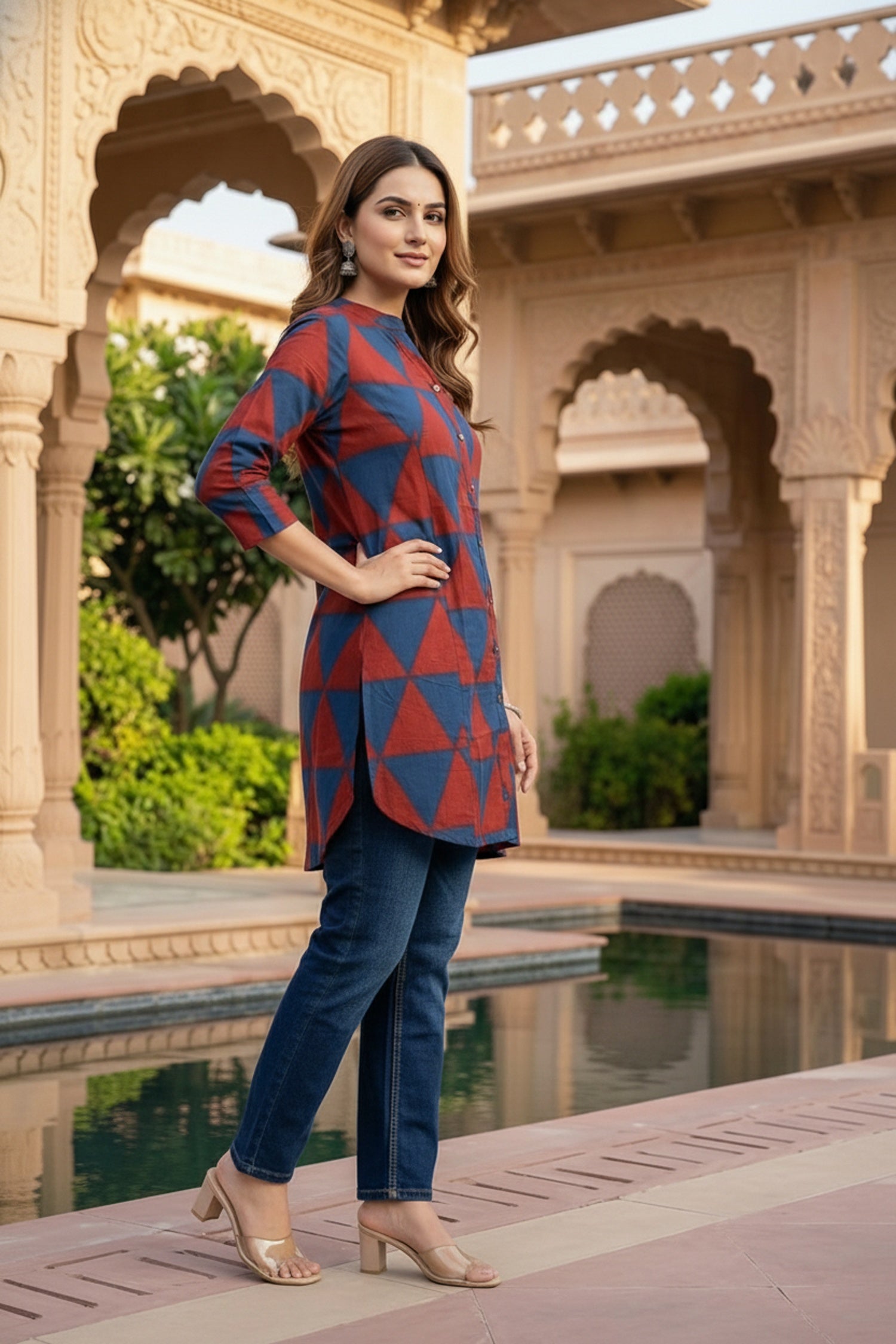 Geometric Triangle Print Red Cotton Top