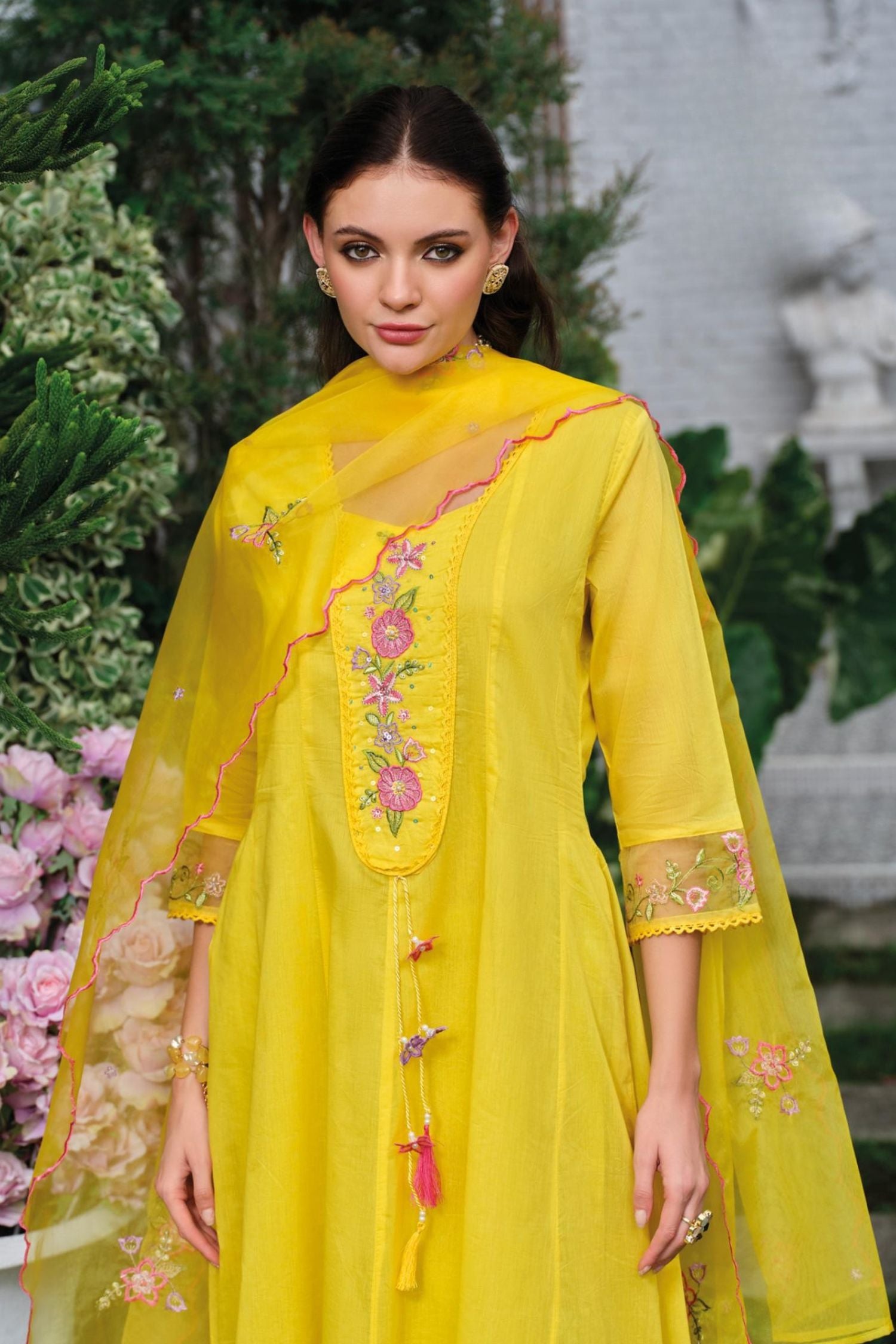 Yellow Mul Chanderi Kantha Work Floral Embroidered Suit Set