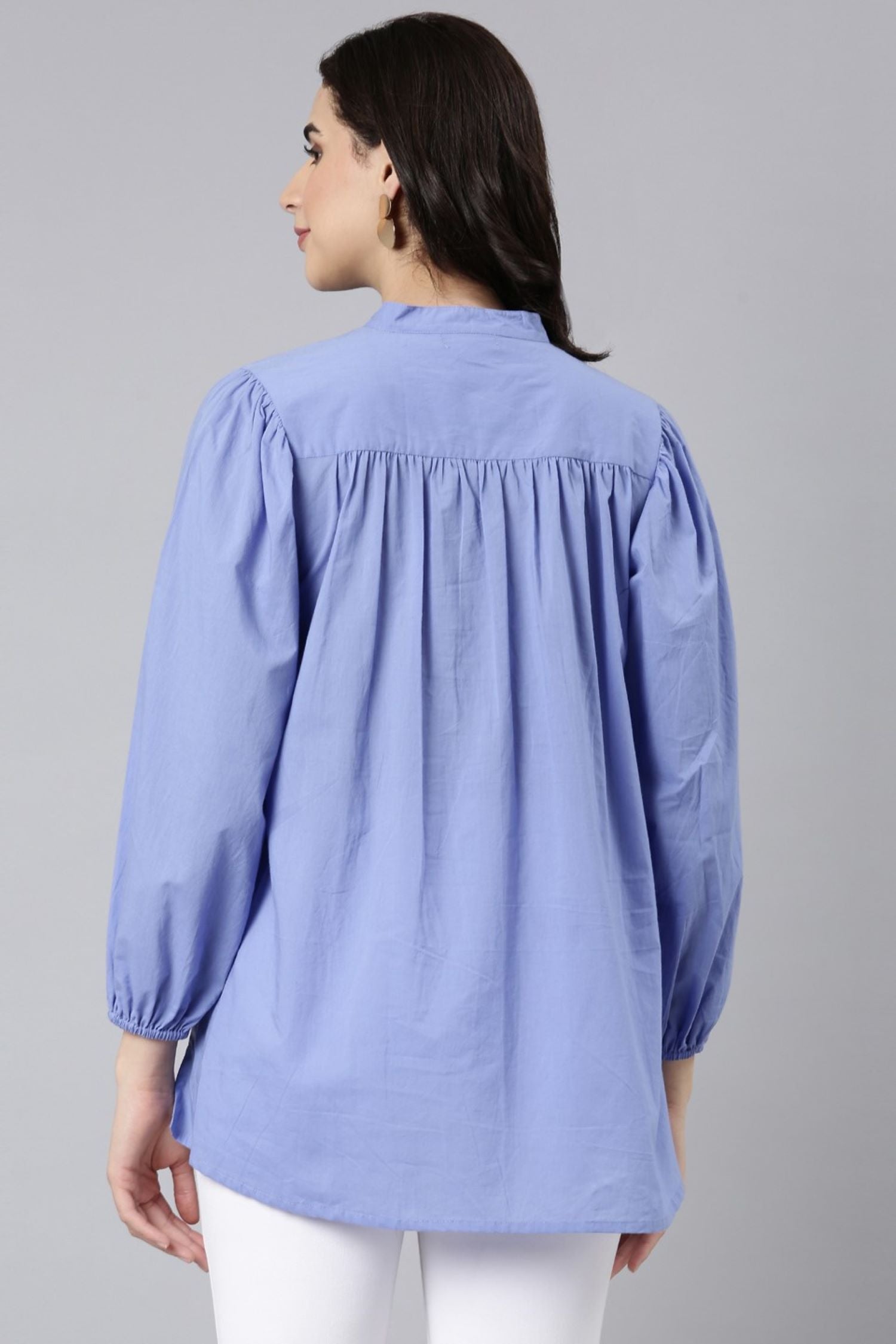 Blue Breeze Embroidered Cotton Top with Elegant Neck