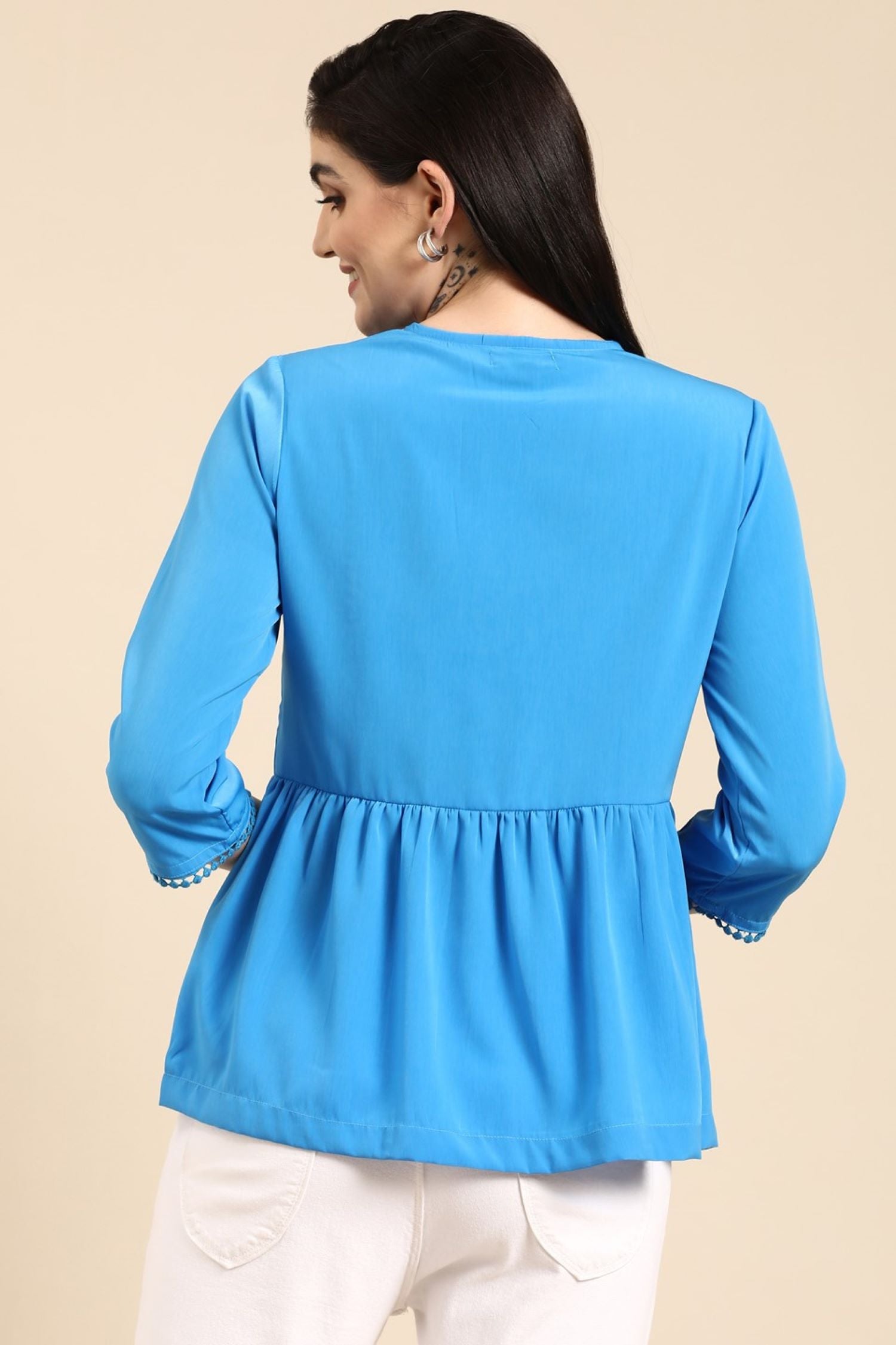 Coastal Blue Cotton Top with Rope Tie Neck