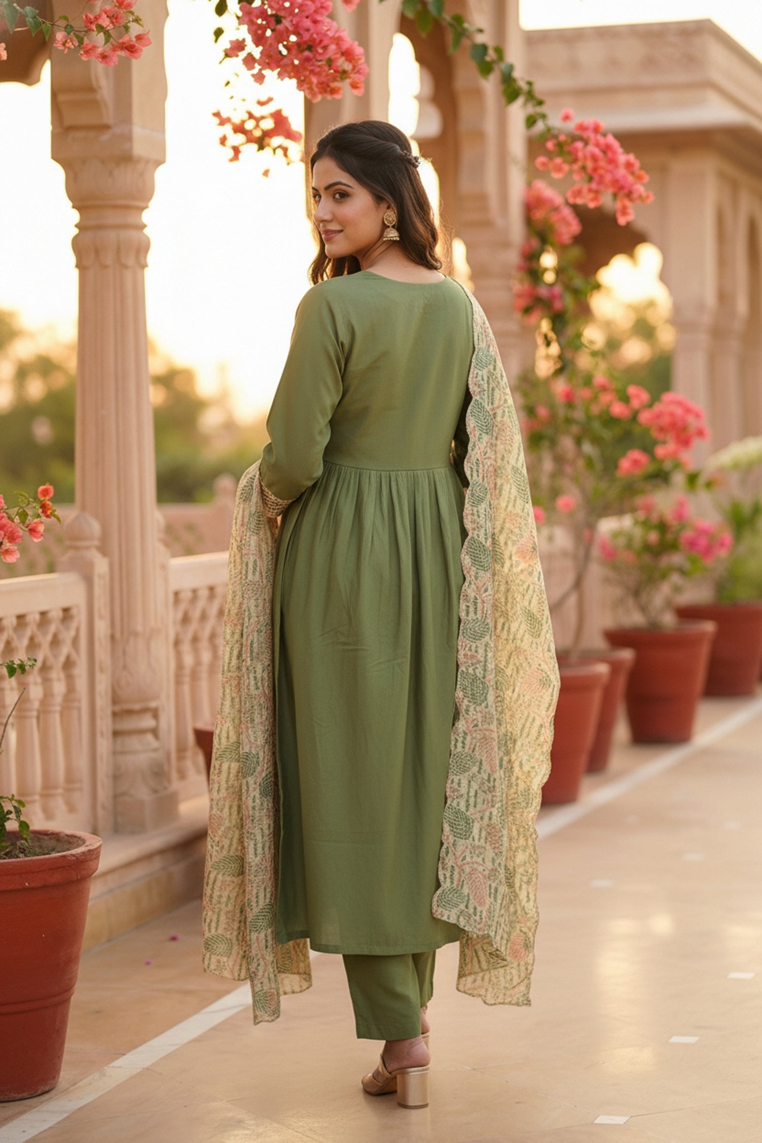 Green Embroidered Kurta Set with Tissue Silk Dupatta