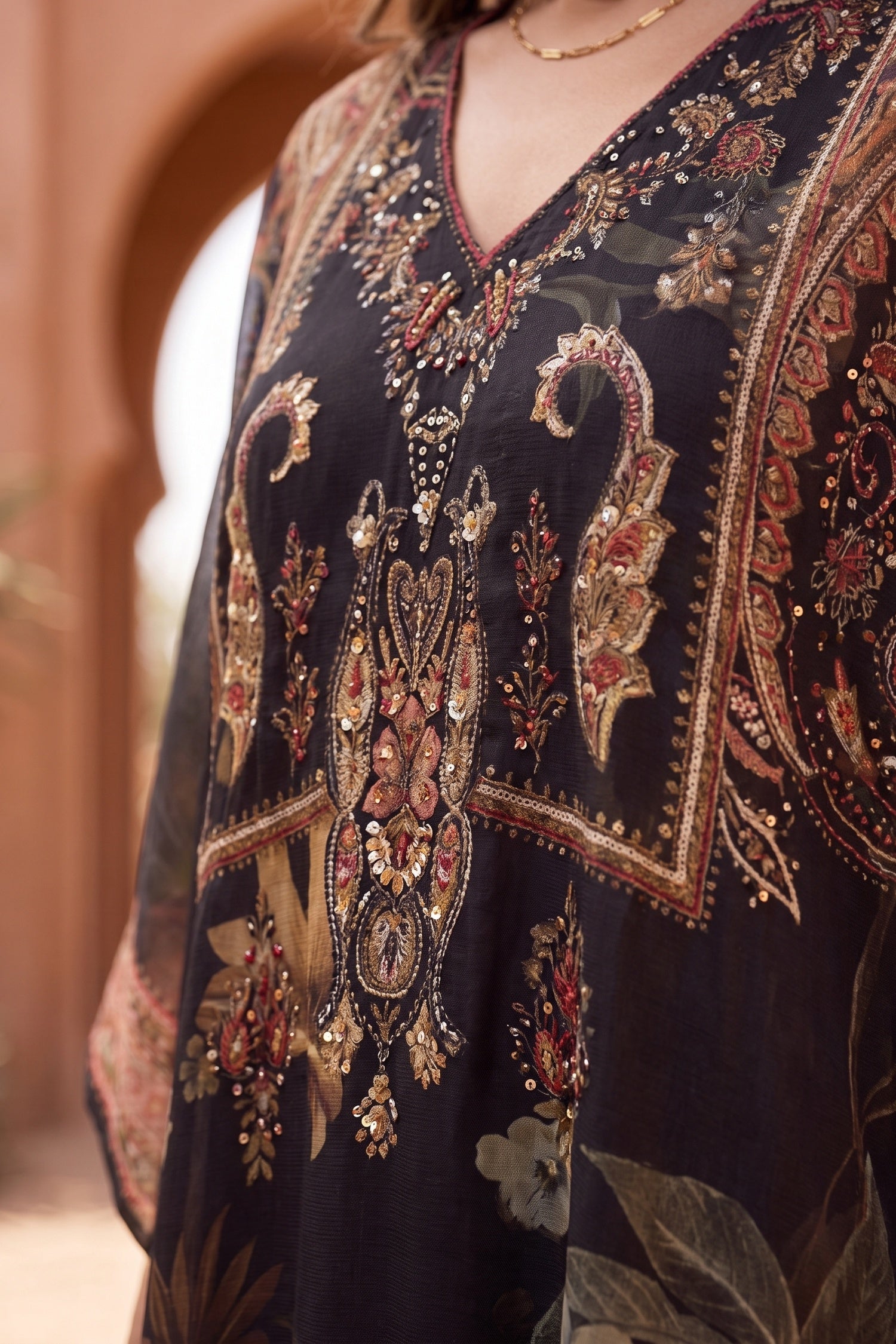 Black Embroidered Printed Short Kaftan