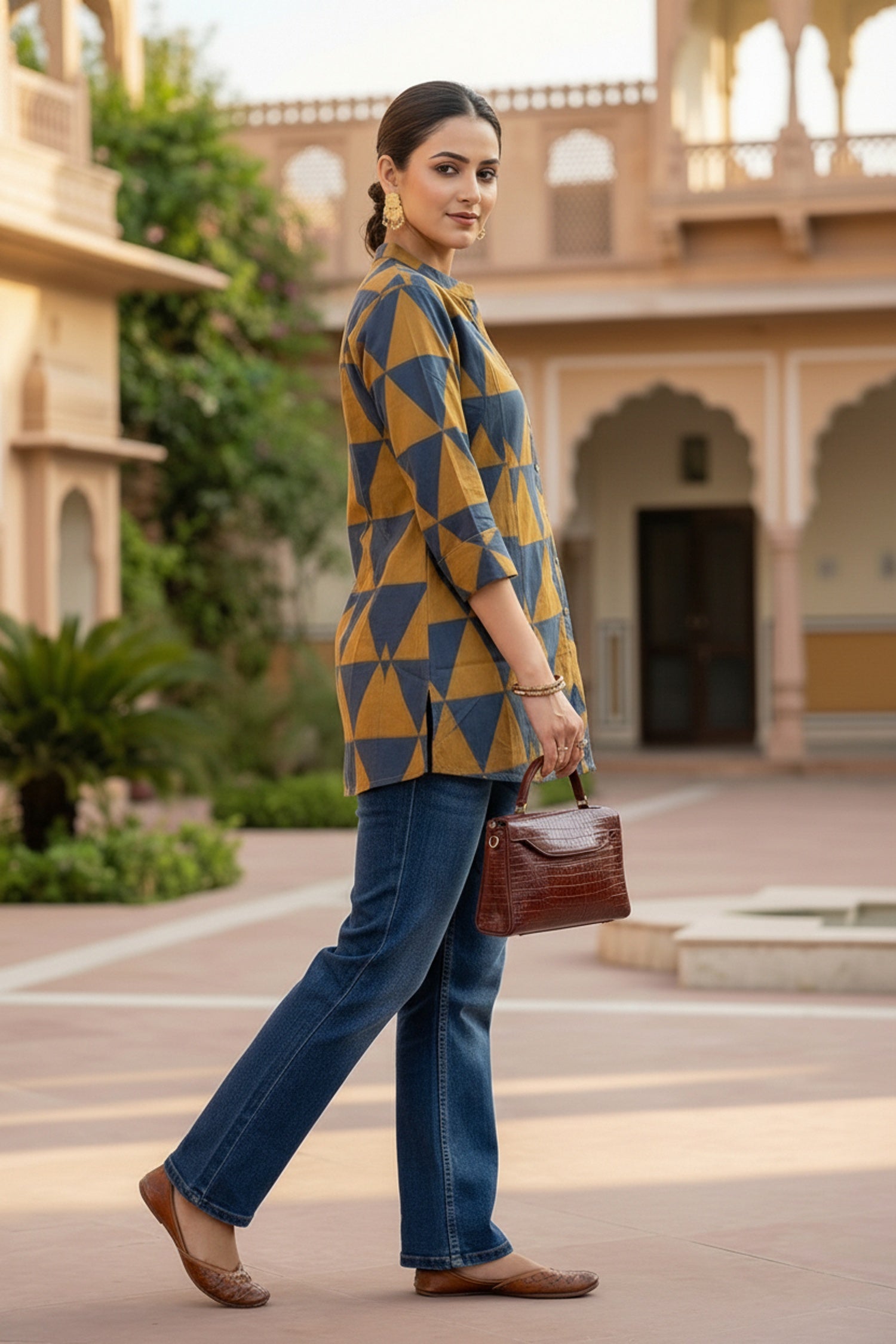 Mustard Cotton Top with Geometric Design