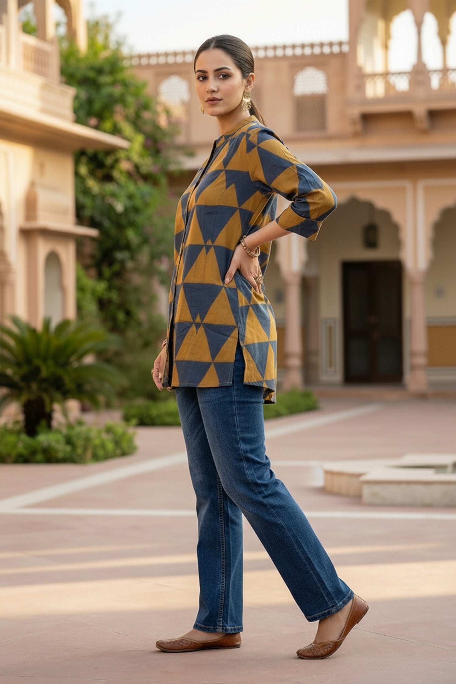 Mustard Cotton Top with Geometric Design