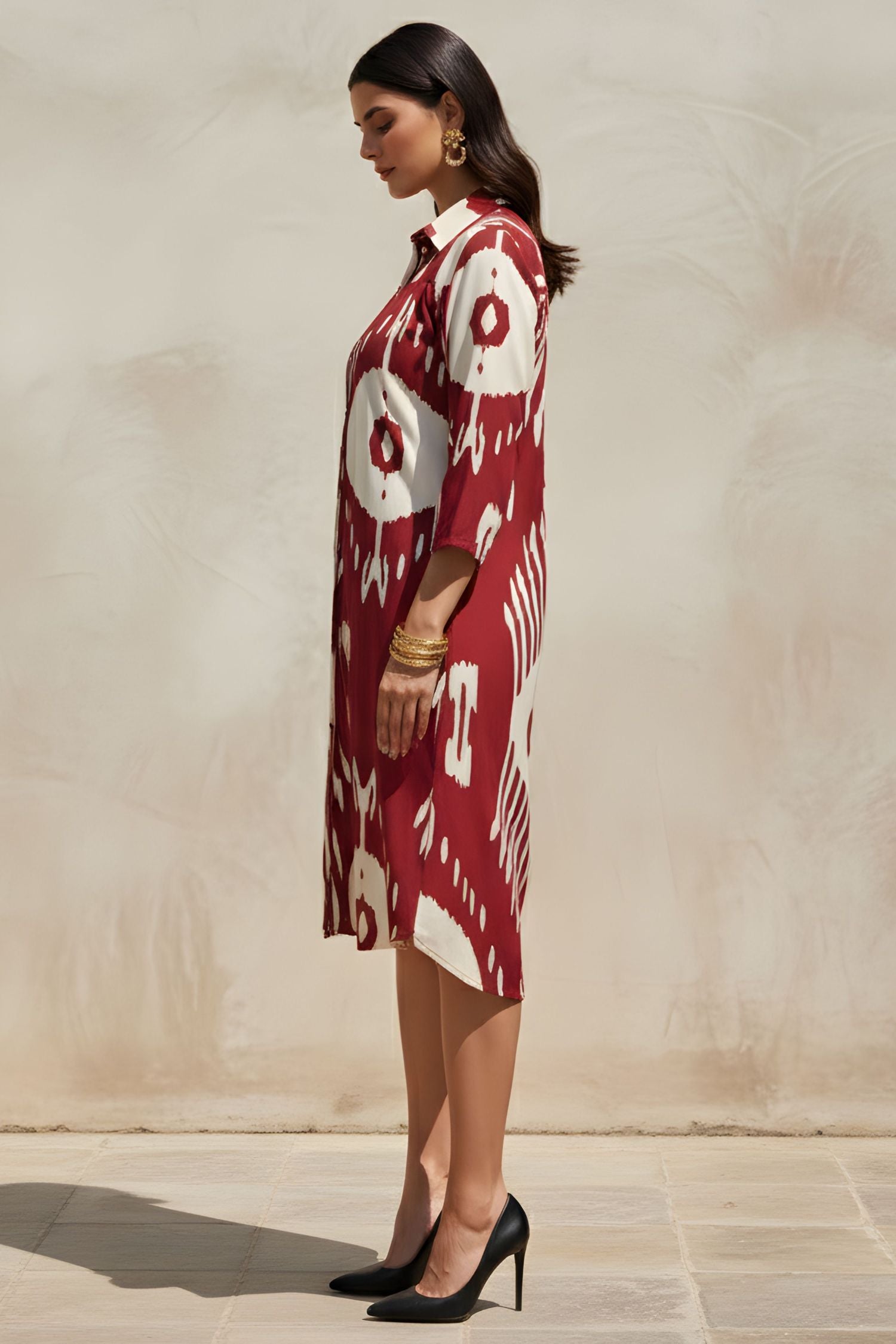 Abstract Printed Maroon Red Shirt Midi Dress