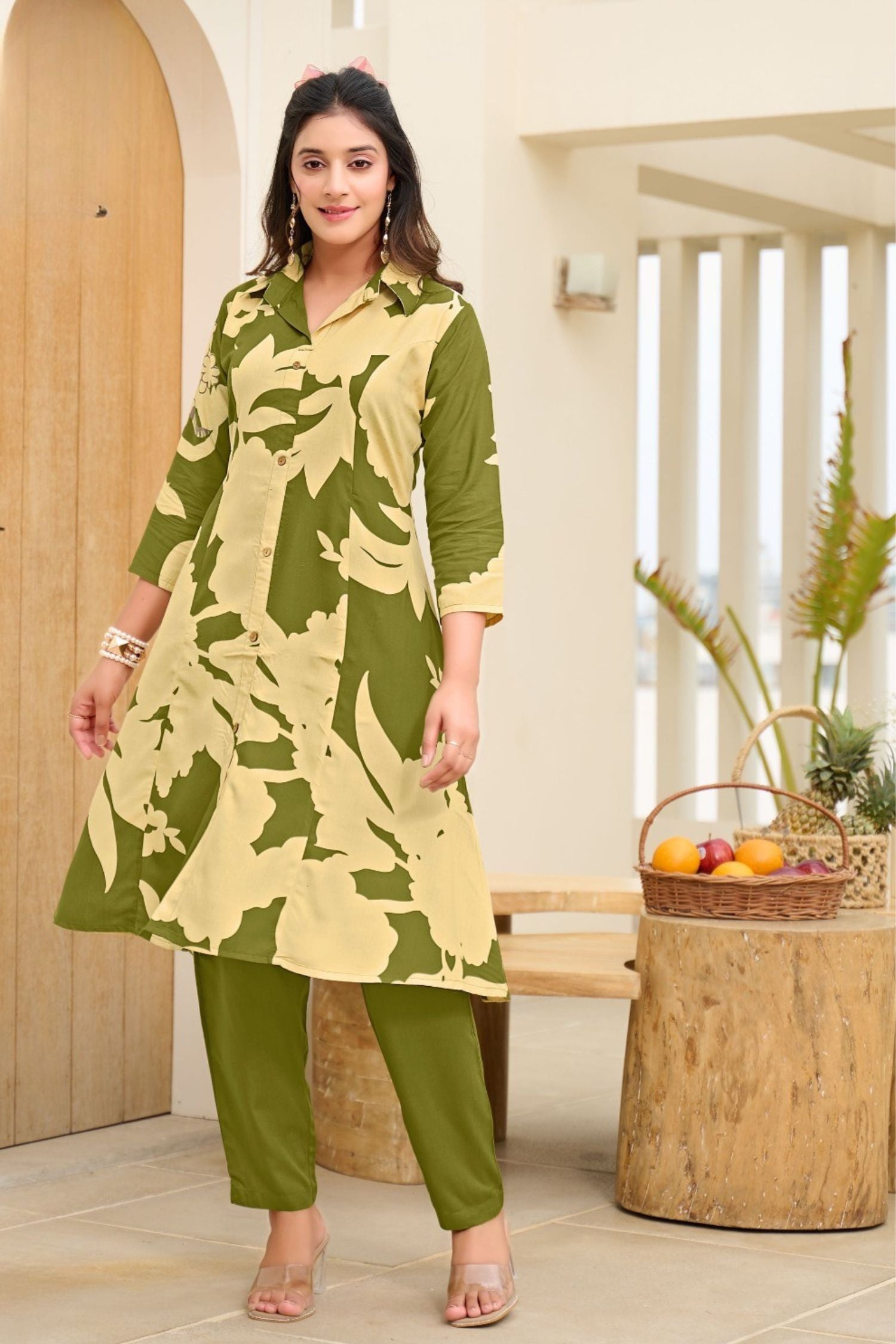 Green Leaf Print A Line Cord Set
