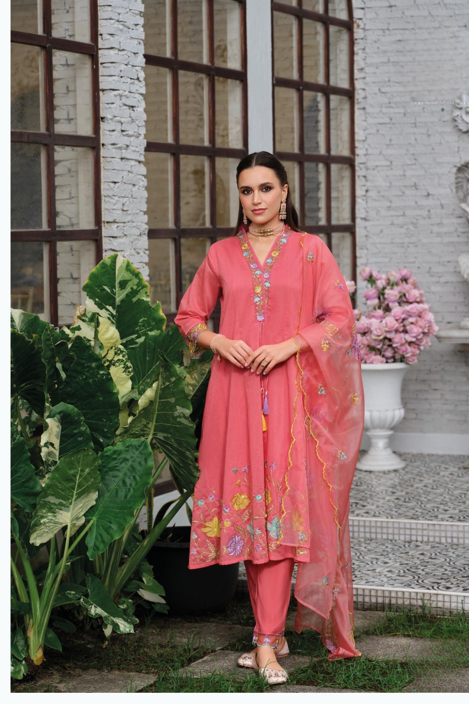 Elegant Onion Pink Mul Chanderi Kantha Embroidery Three Piece Set