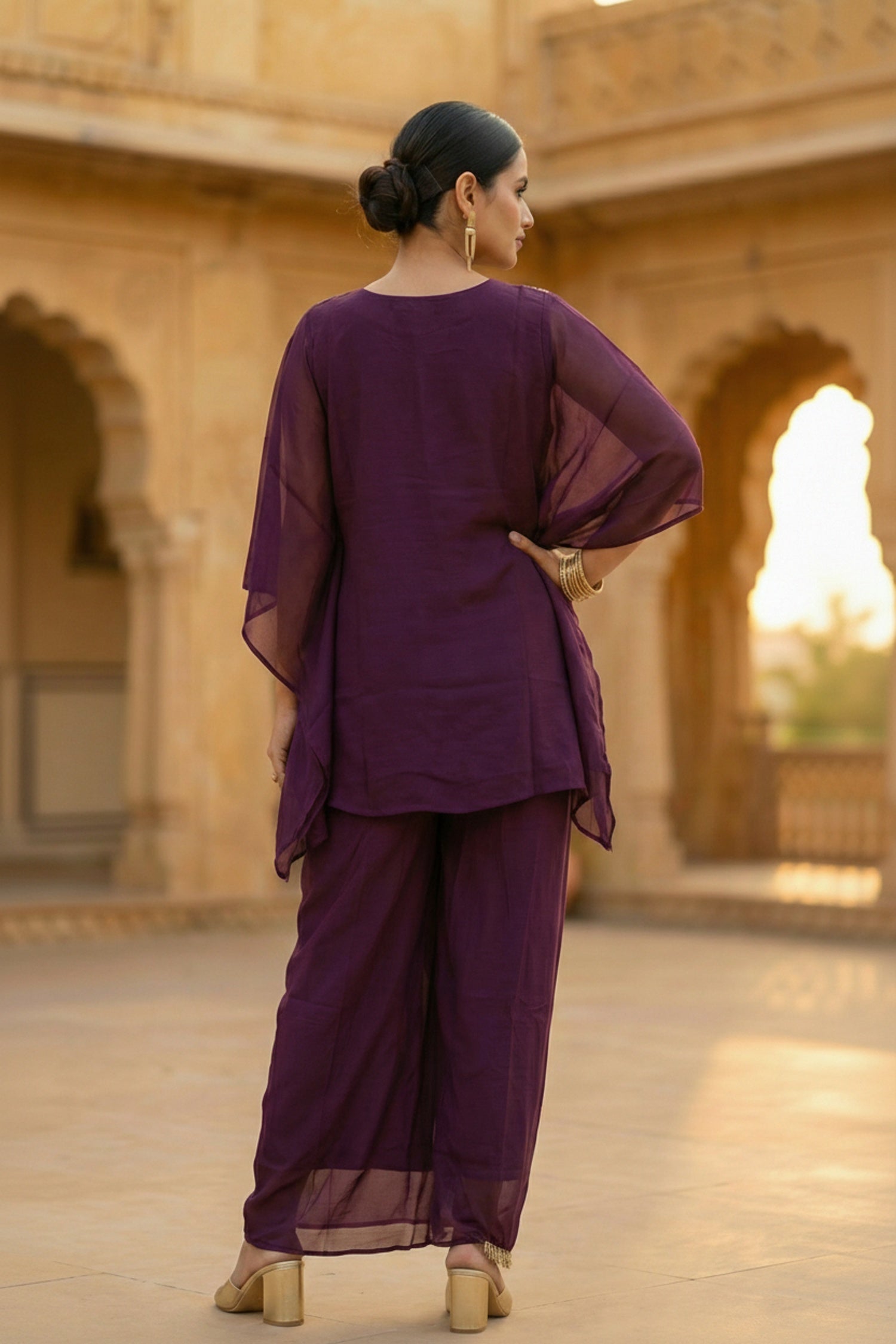 Wine Embroidered Dhoti Style Co-ord Set