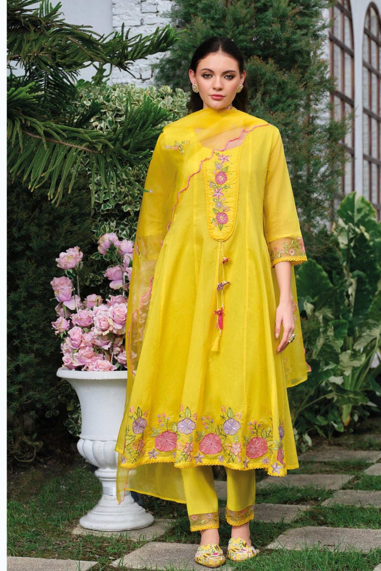Yellow Mul Chanderi Kantha Work Floral Embroidered Suit Set