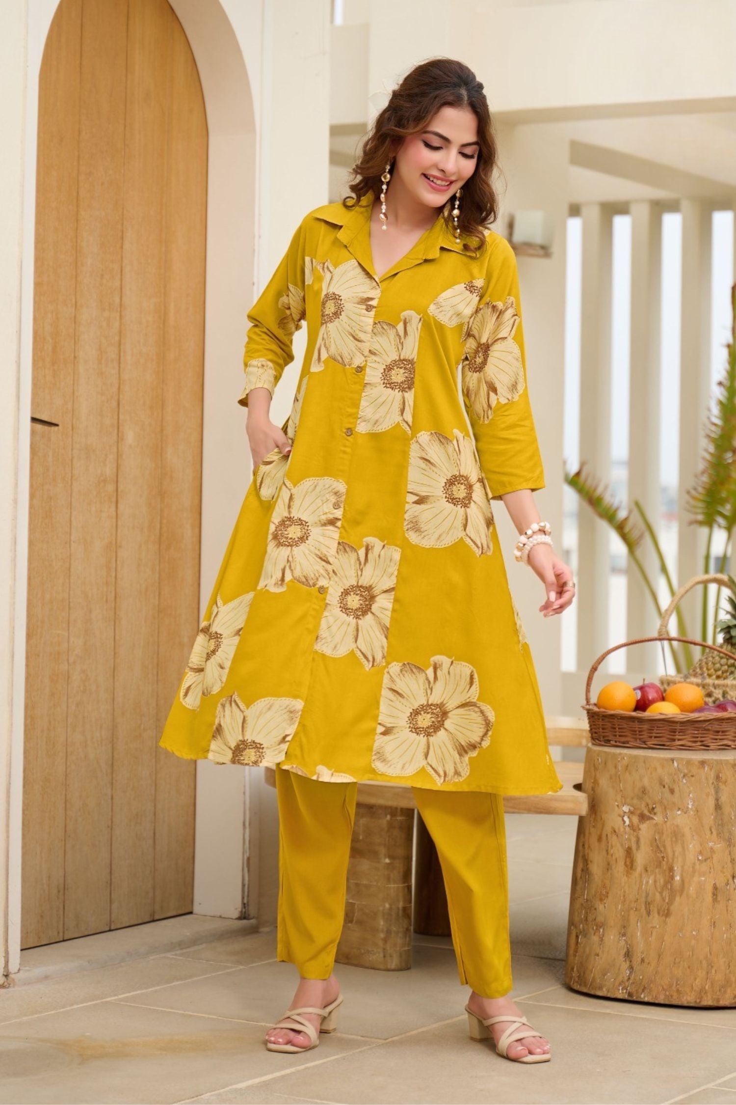 Yellow Grace A Line Cord Set Rayon Foil Print