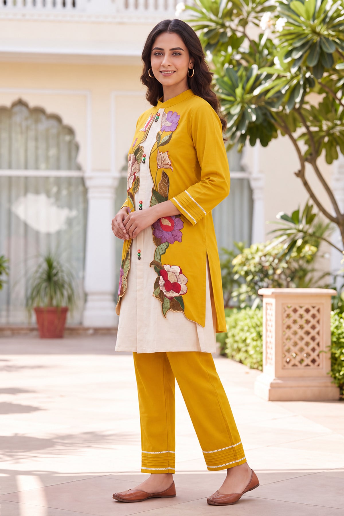 Yellow Floral Applique Cotton Coord Sets