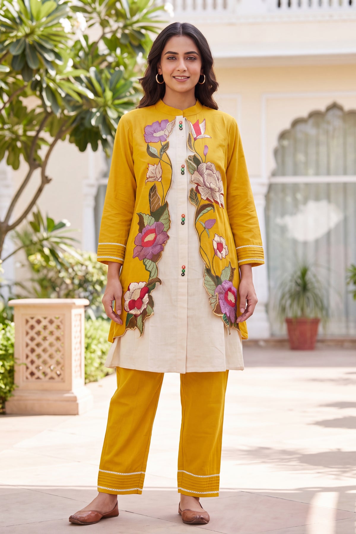 Yellow Floral Applique Cotton Coord Sets
