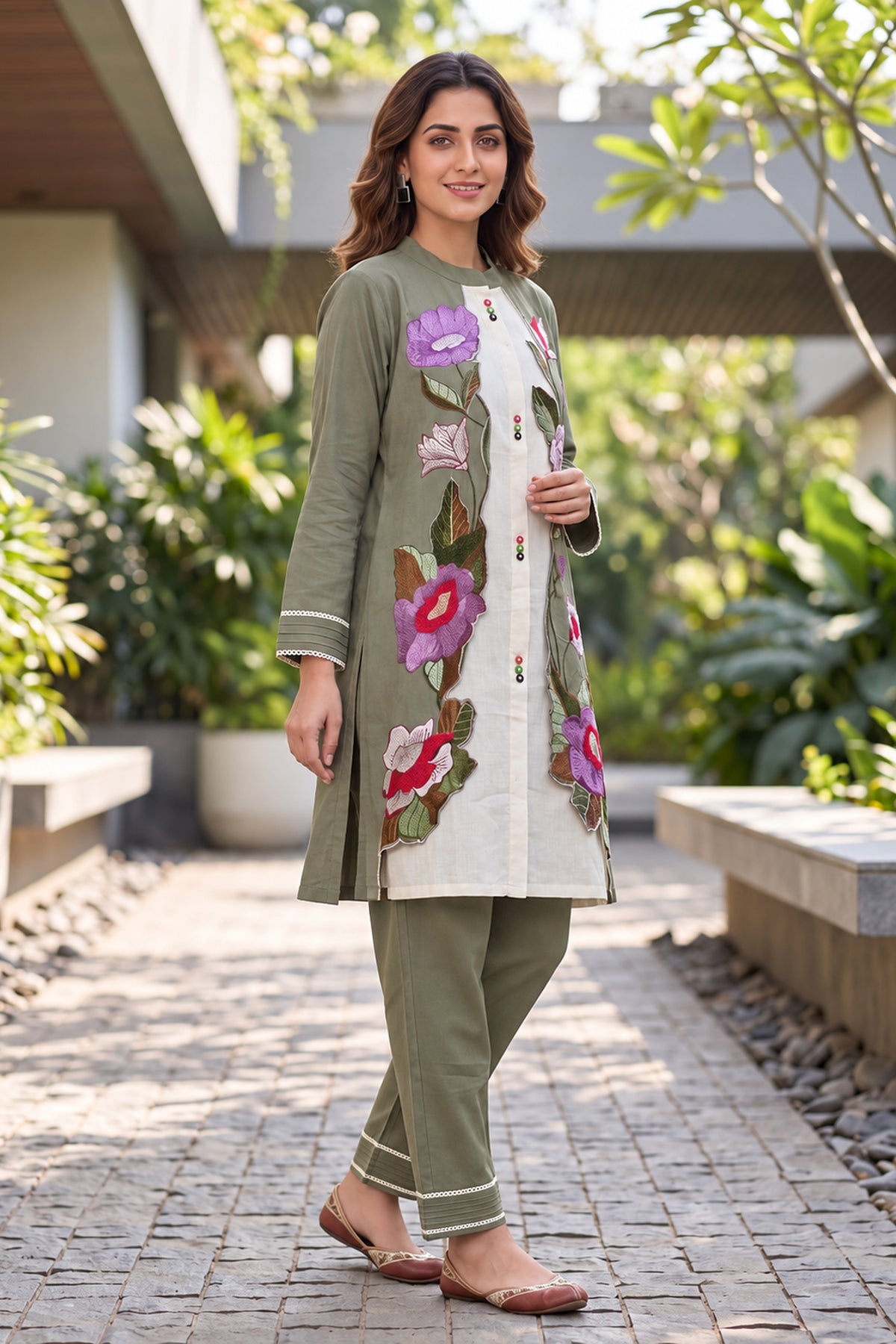 Sage Green Floral Applique Cotton Coord Sets