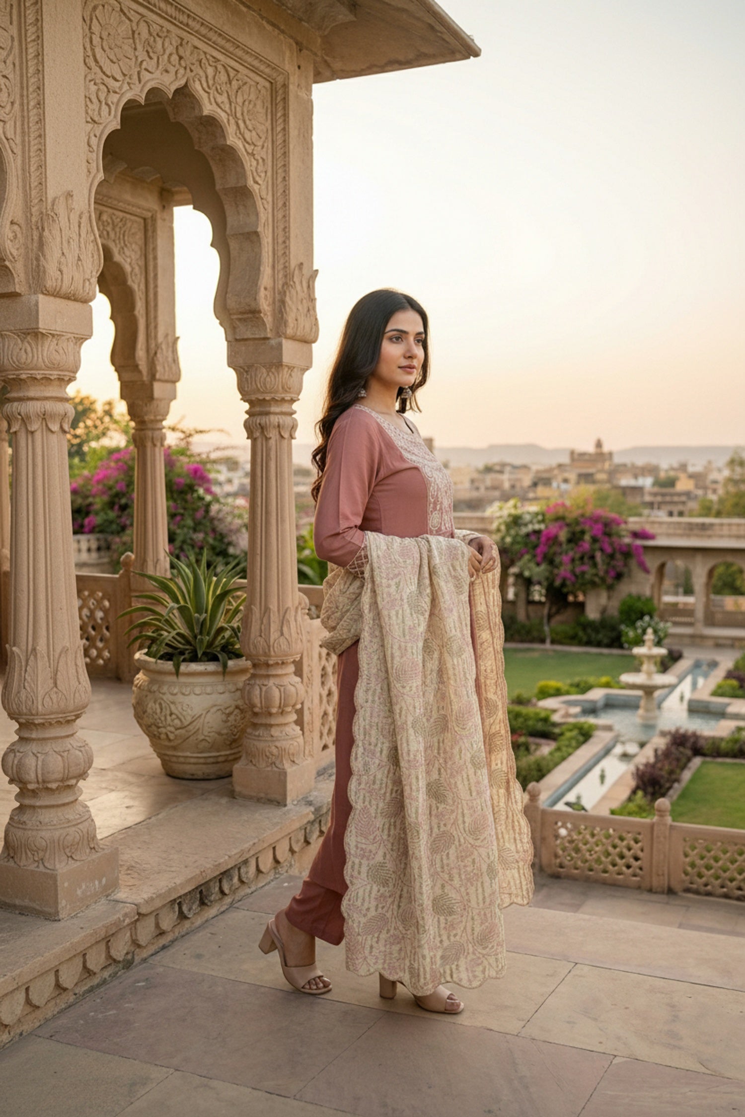 Onion Pink Embroidered Kurta Set with Tissue Silk Dupatta
