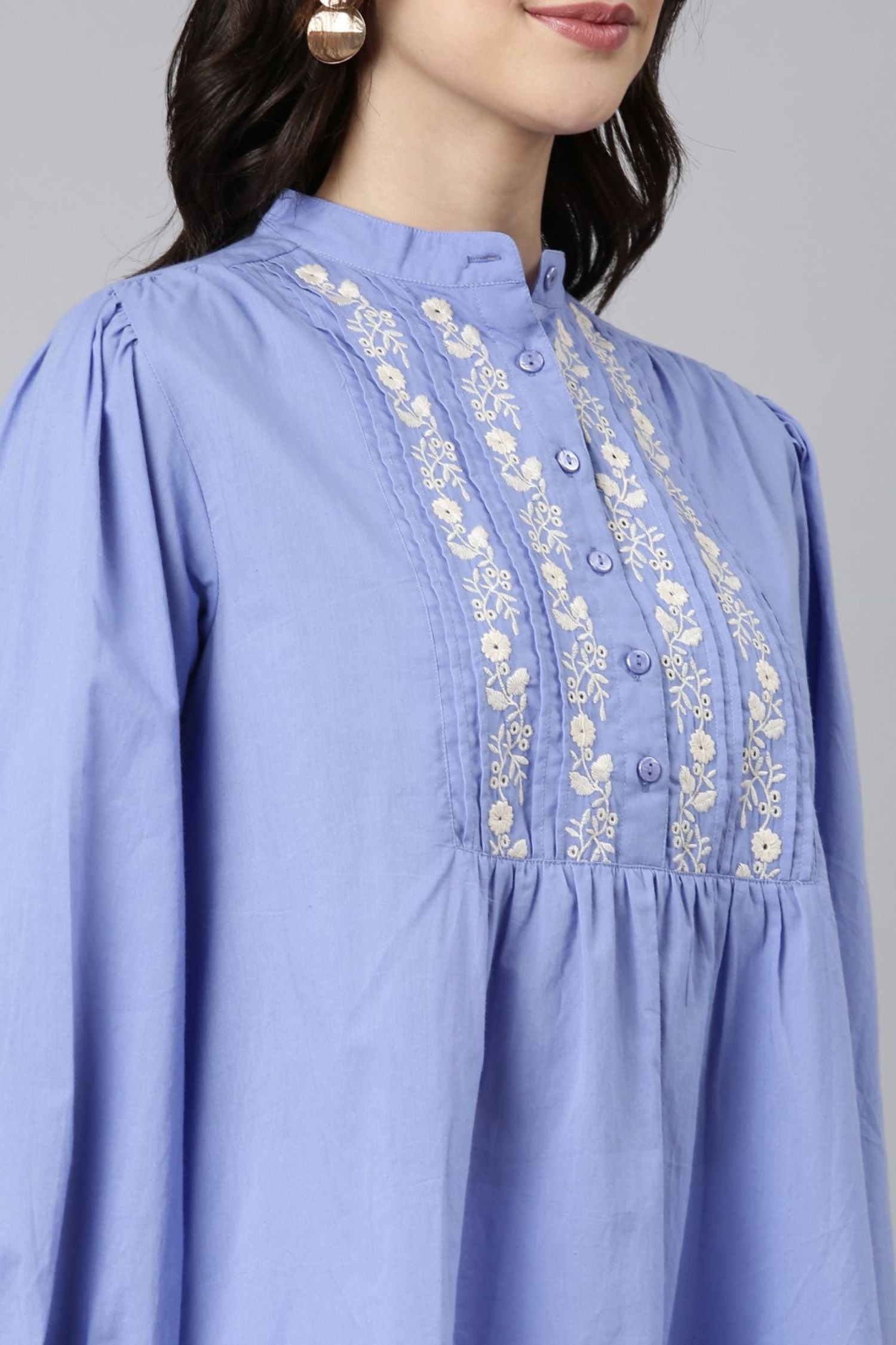 Blue Breeze Embroidered Cotton Top with Elegant Neck