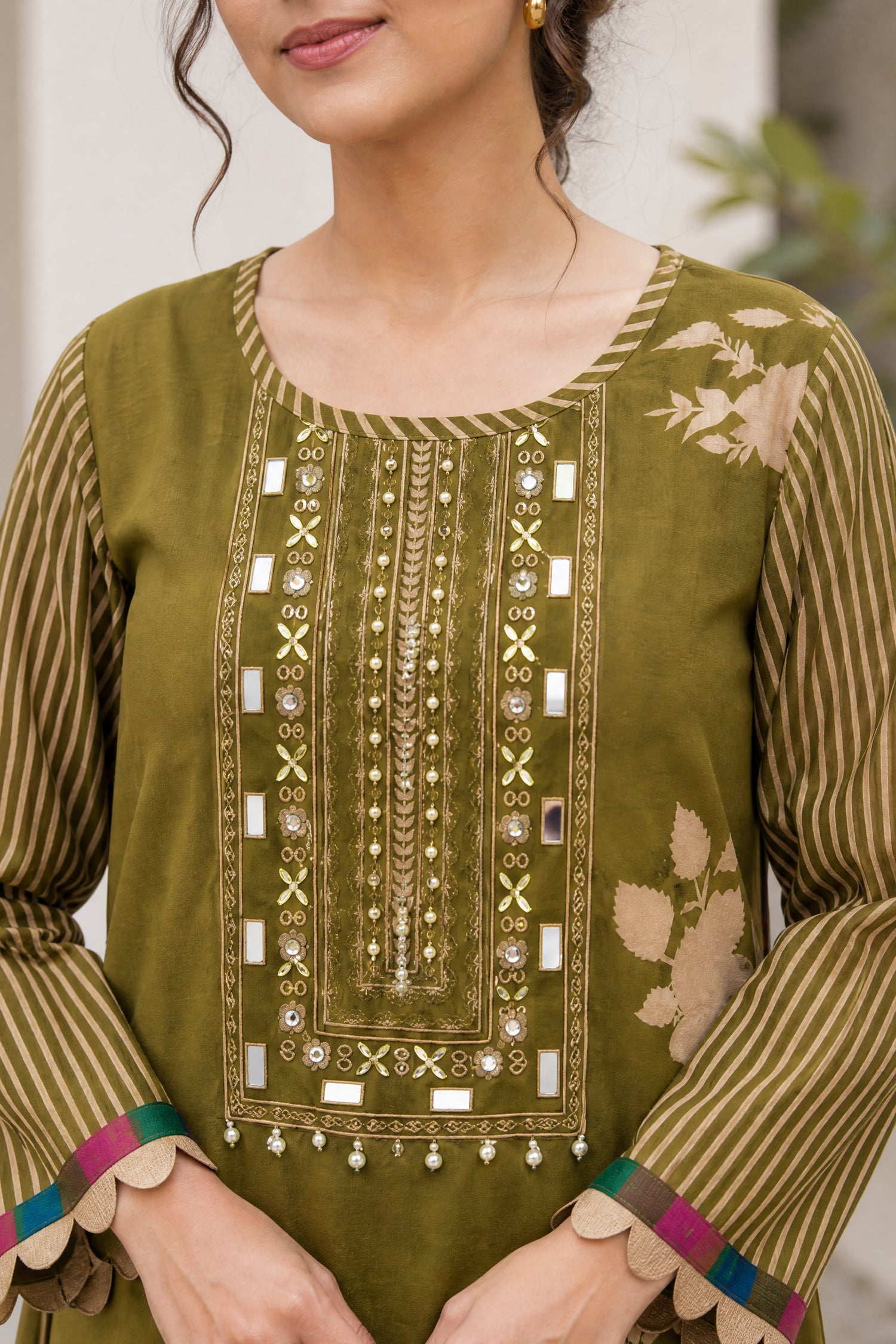Embroidered Crepe Green Floral Print Loose Fit Co-Ord Set