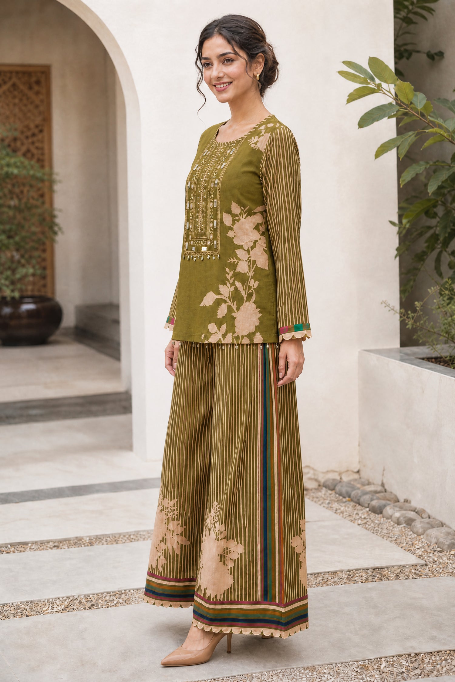 Embroidered Crepe Green Floral Print Loose Fit Co-Ord Set