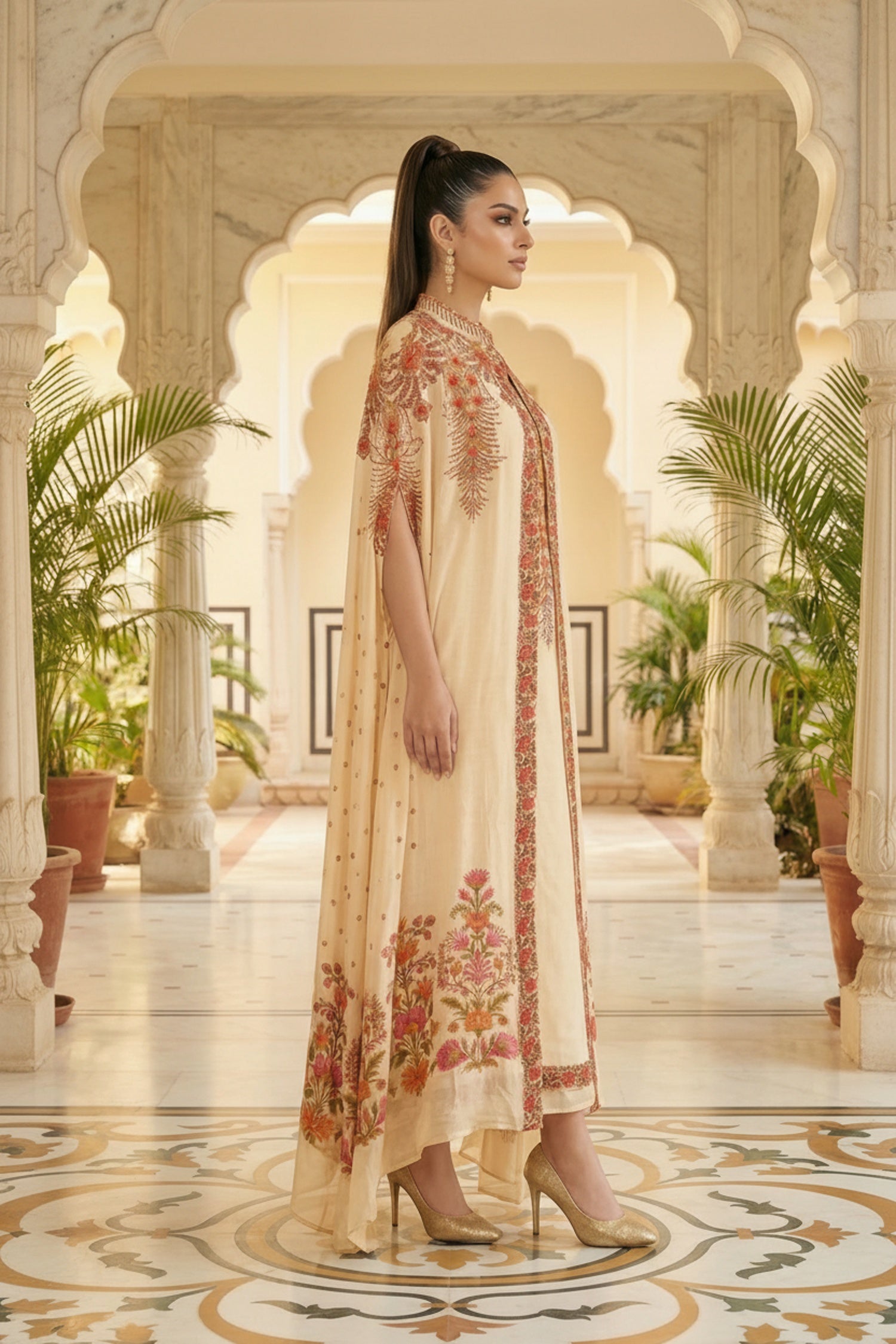 Cream Chinon Kaftan Set with Embroidered Jacket