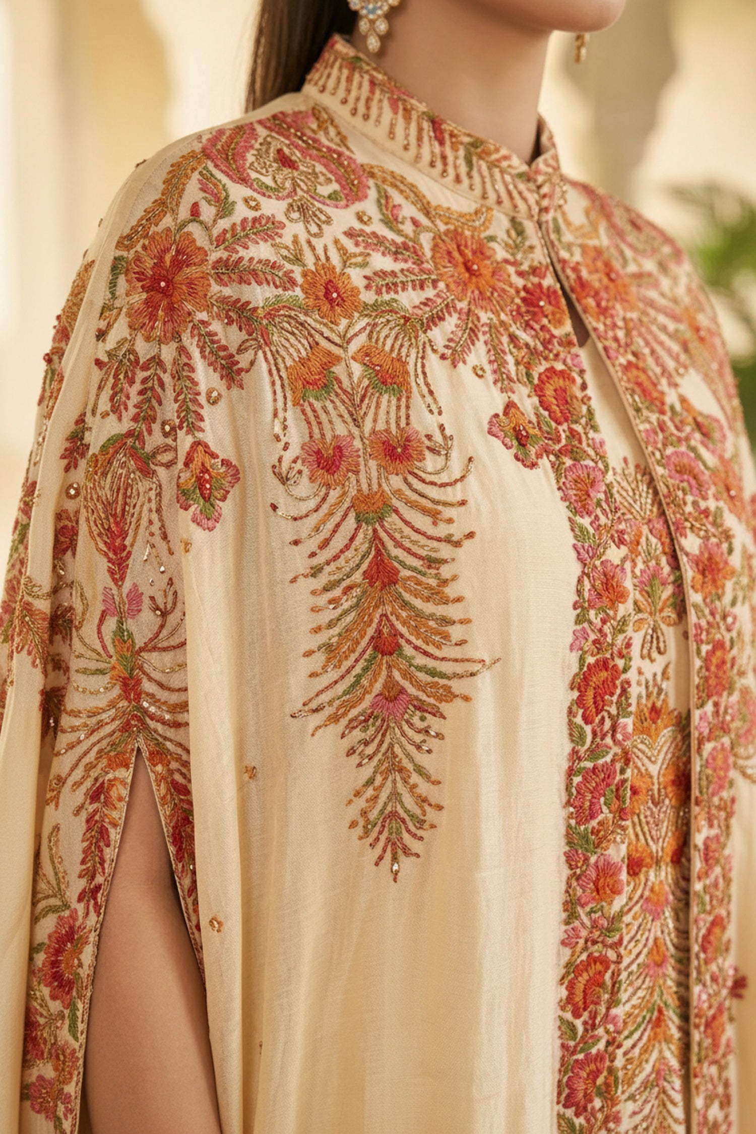 Cream Chinon Kaftan Set with Embroidered Jacket
