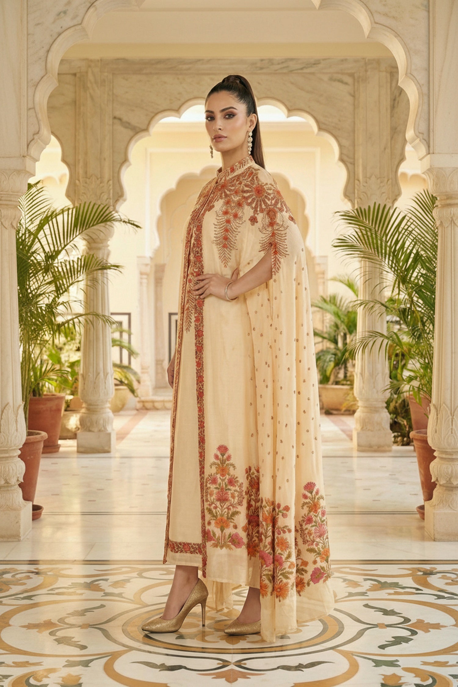 Cream Chinon Kaftan Set with Embroidered Jacket