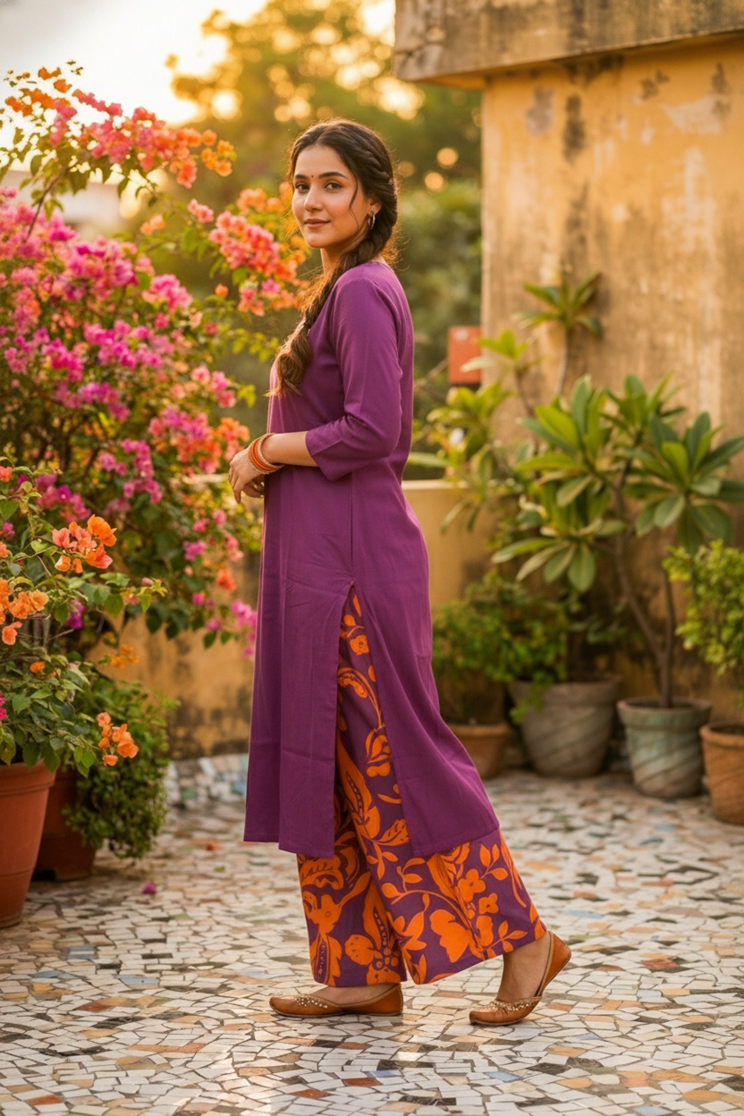 Purple Cotton Co-ord Set with Printed Pants