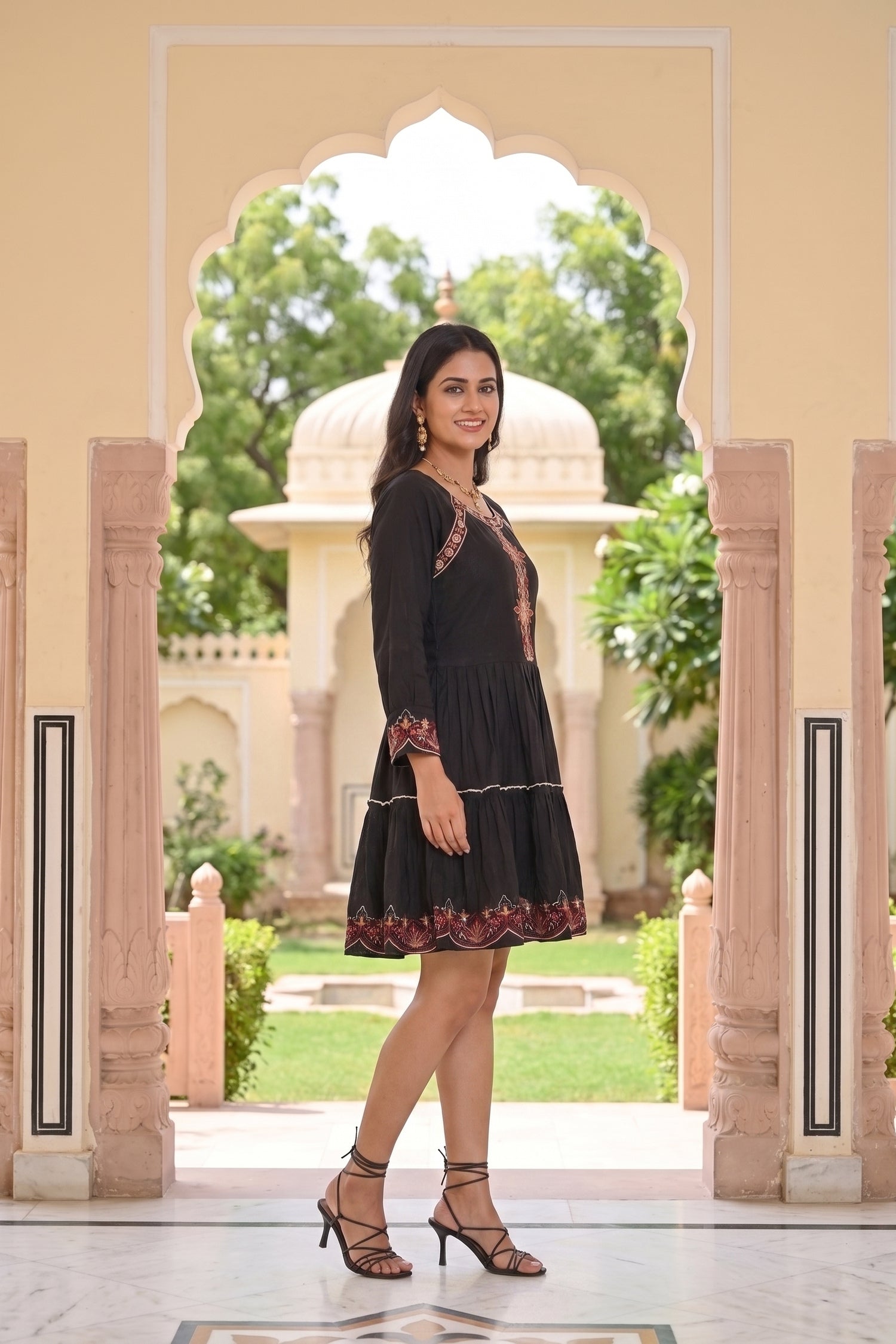 Black Floral Embroidered Short Tunic Dress