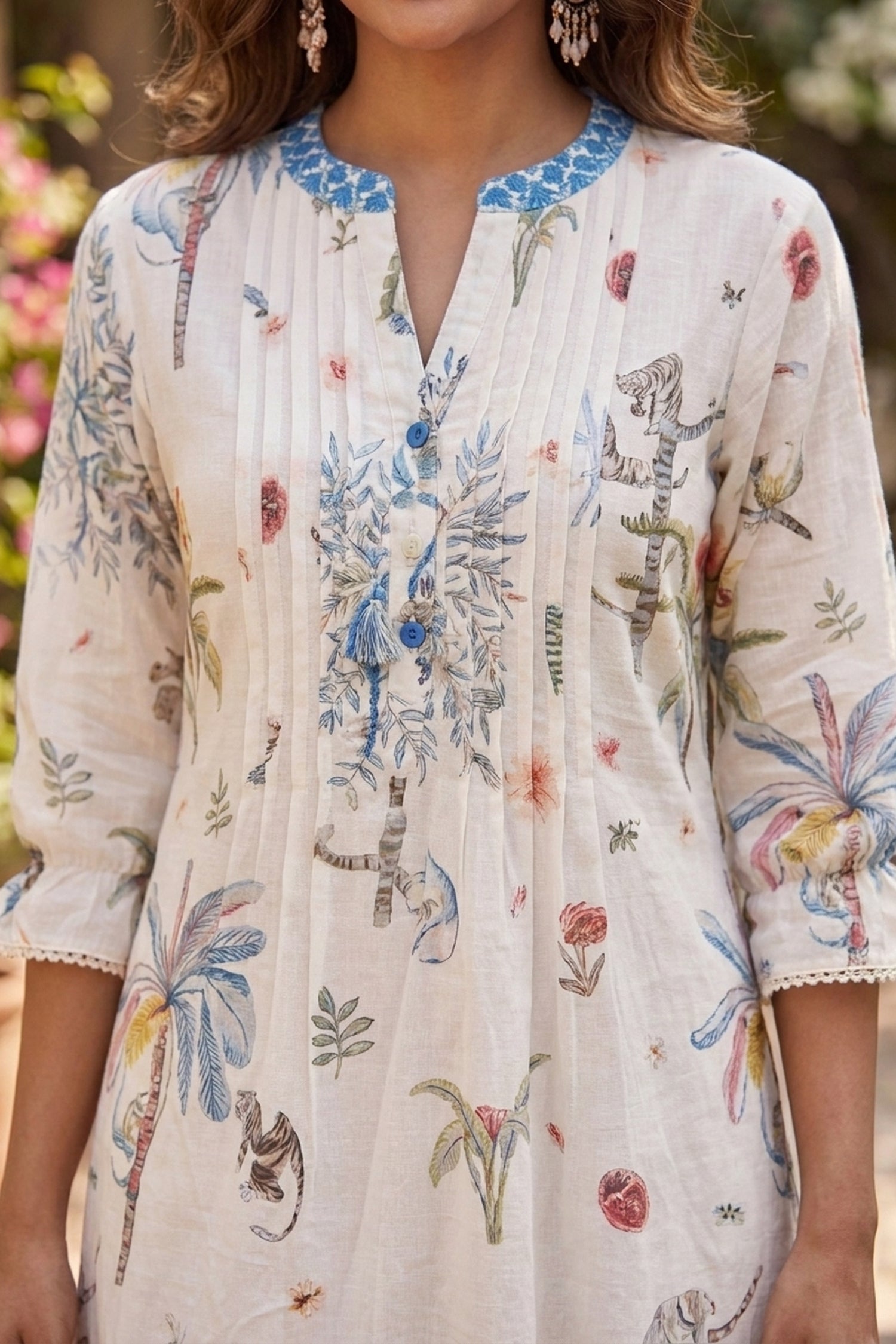 White Tropical Floral Short Kurti