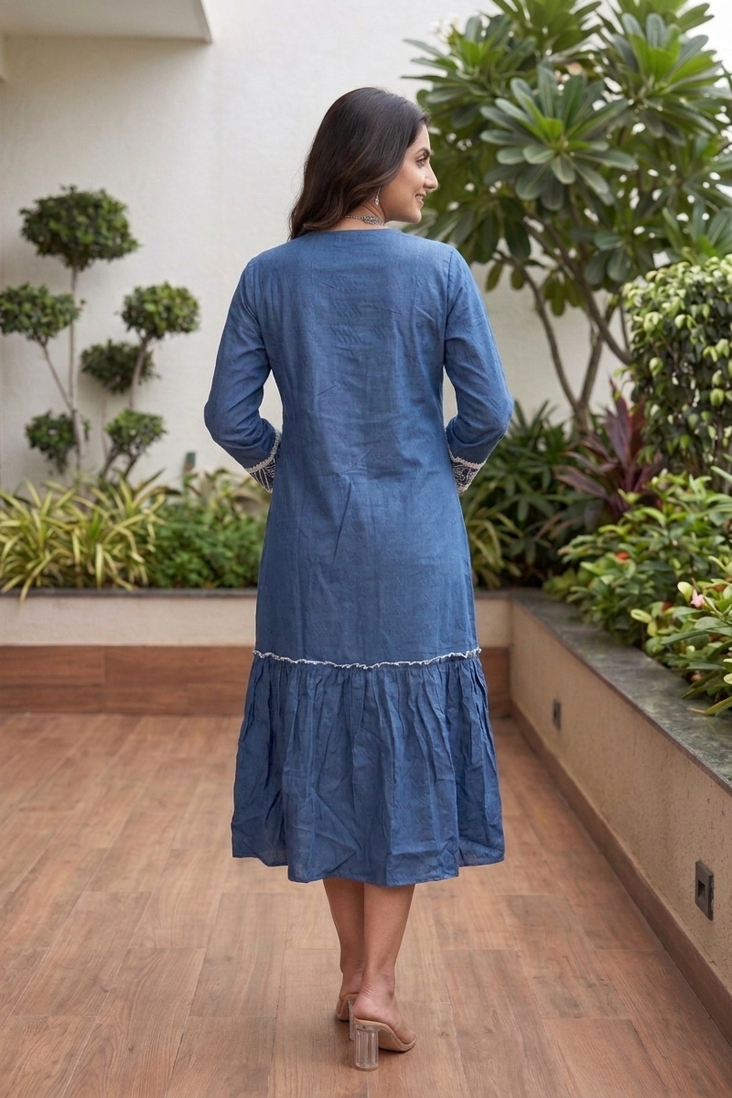 Royal Blue Floral Embroidery Long Dress