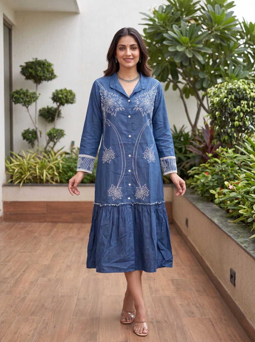 blue floral embroidered dress Royal Embroidery Long SCHL005402_PU_L Size:6 months Women's Outfit: Light Blue