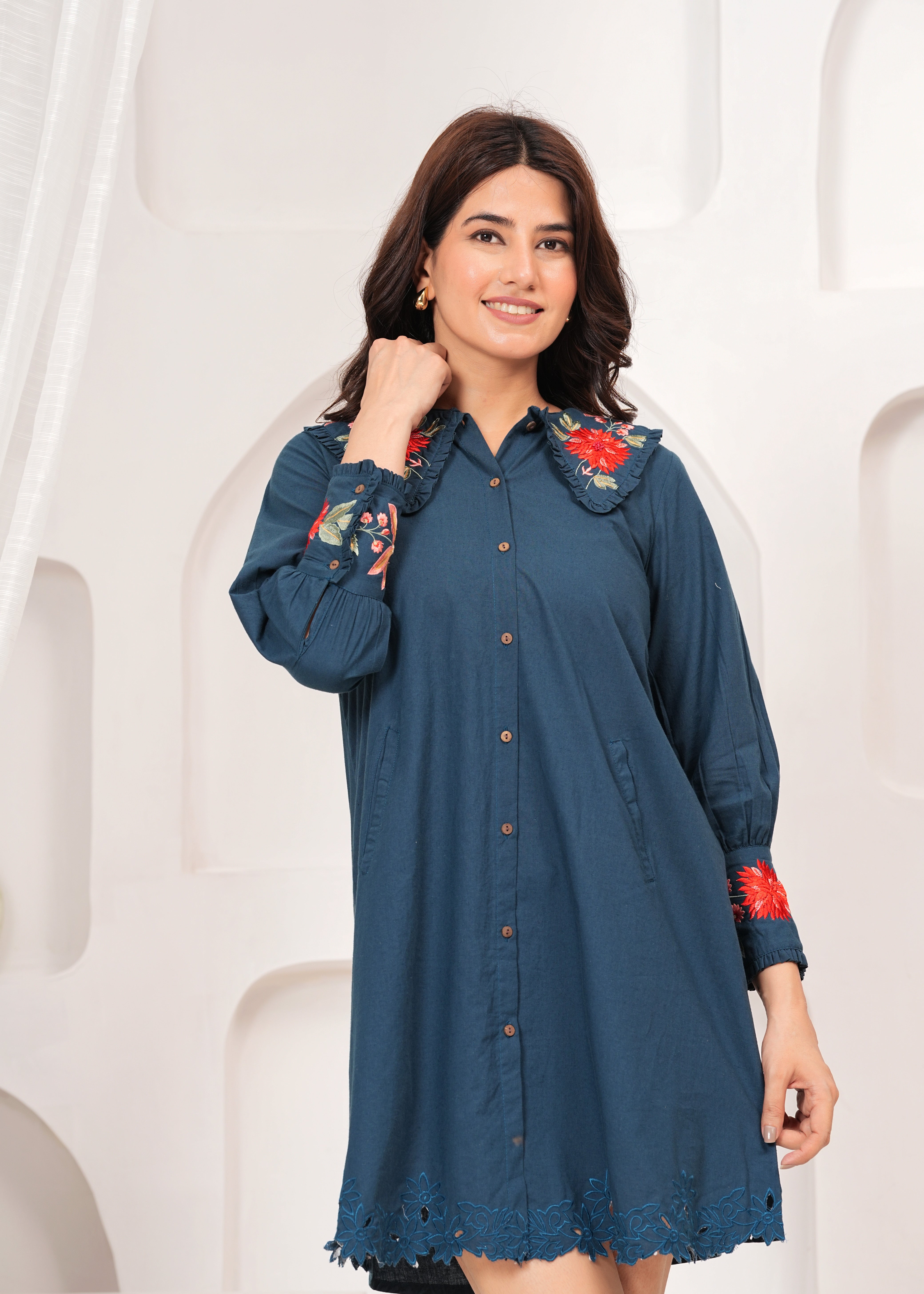 Freyaa Teal Tunic Dress with Floral Embroidery and Chic Collar