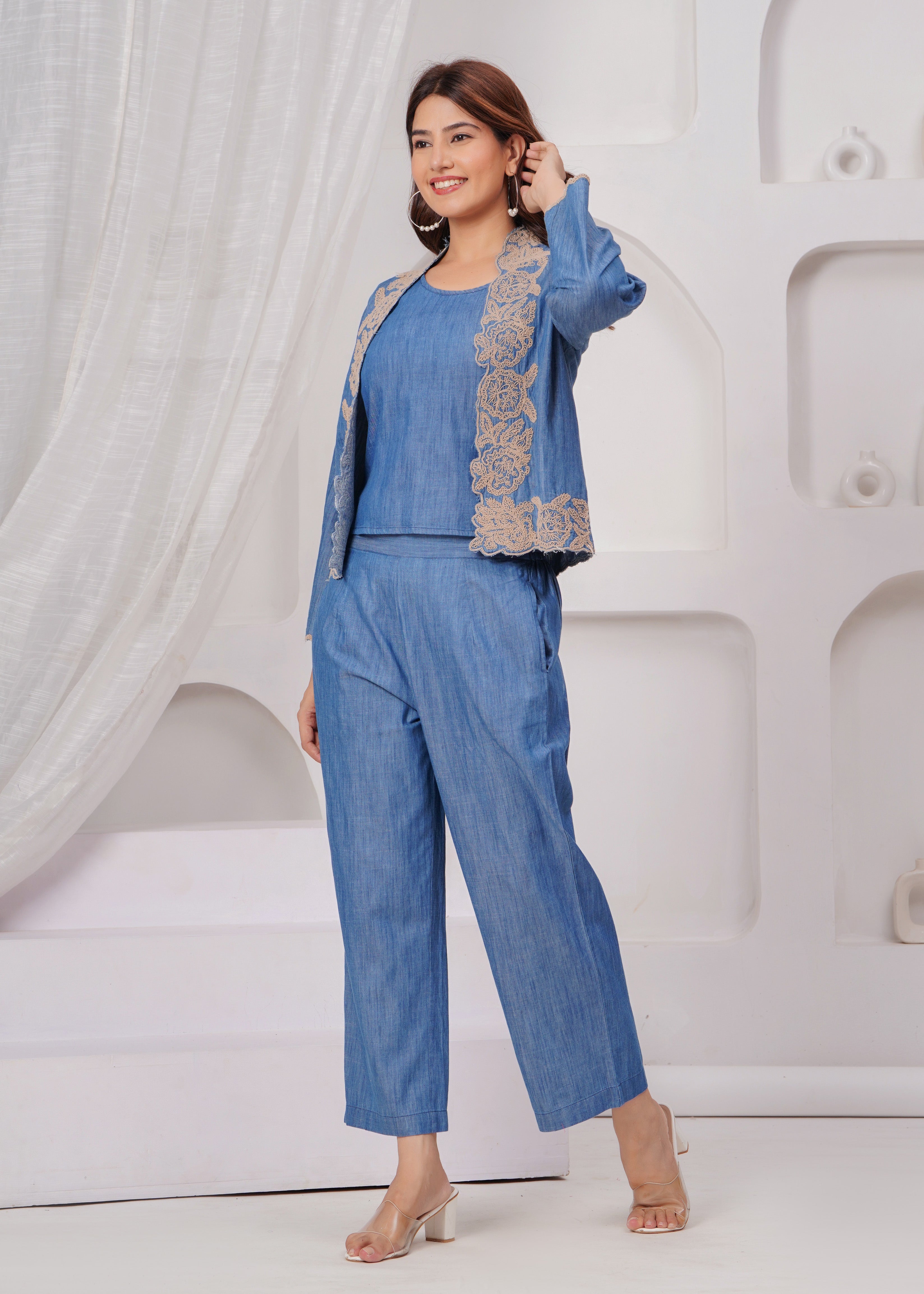 Embroidered Serenity Blue Cord Set with Jacket