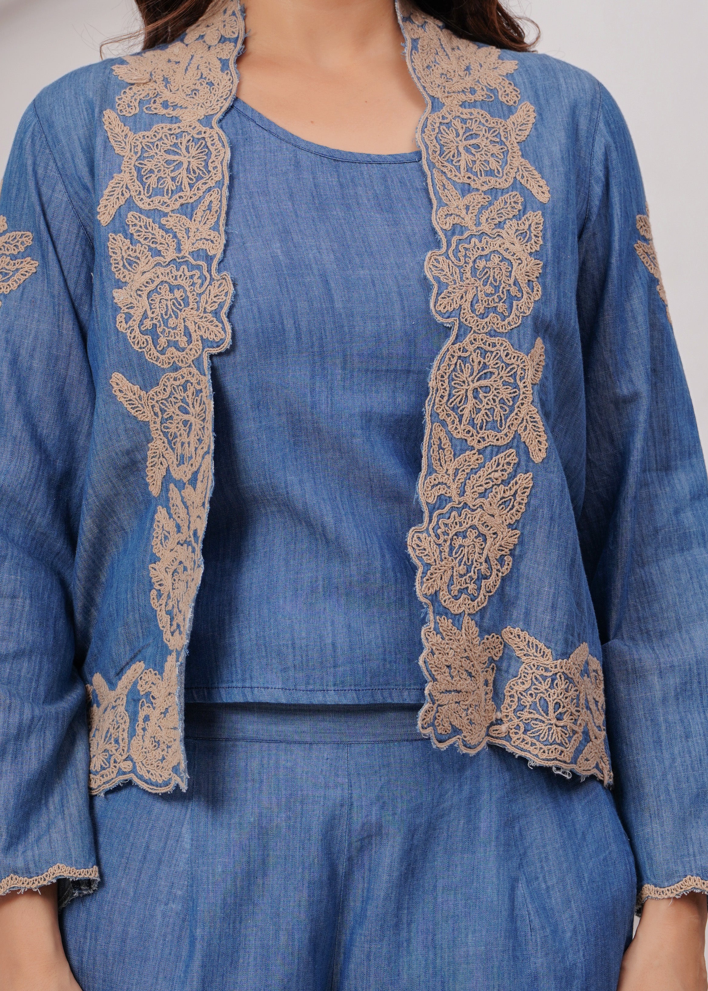 Embroidered Serenity Blue Cord Set with Jacket