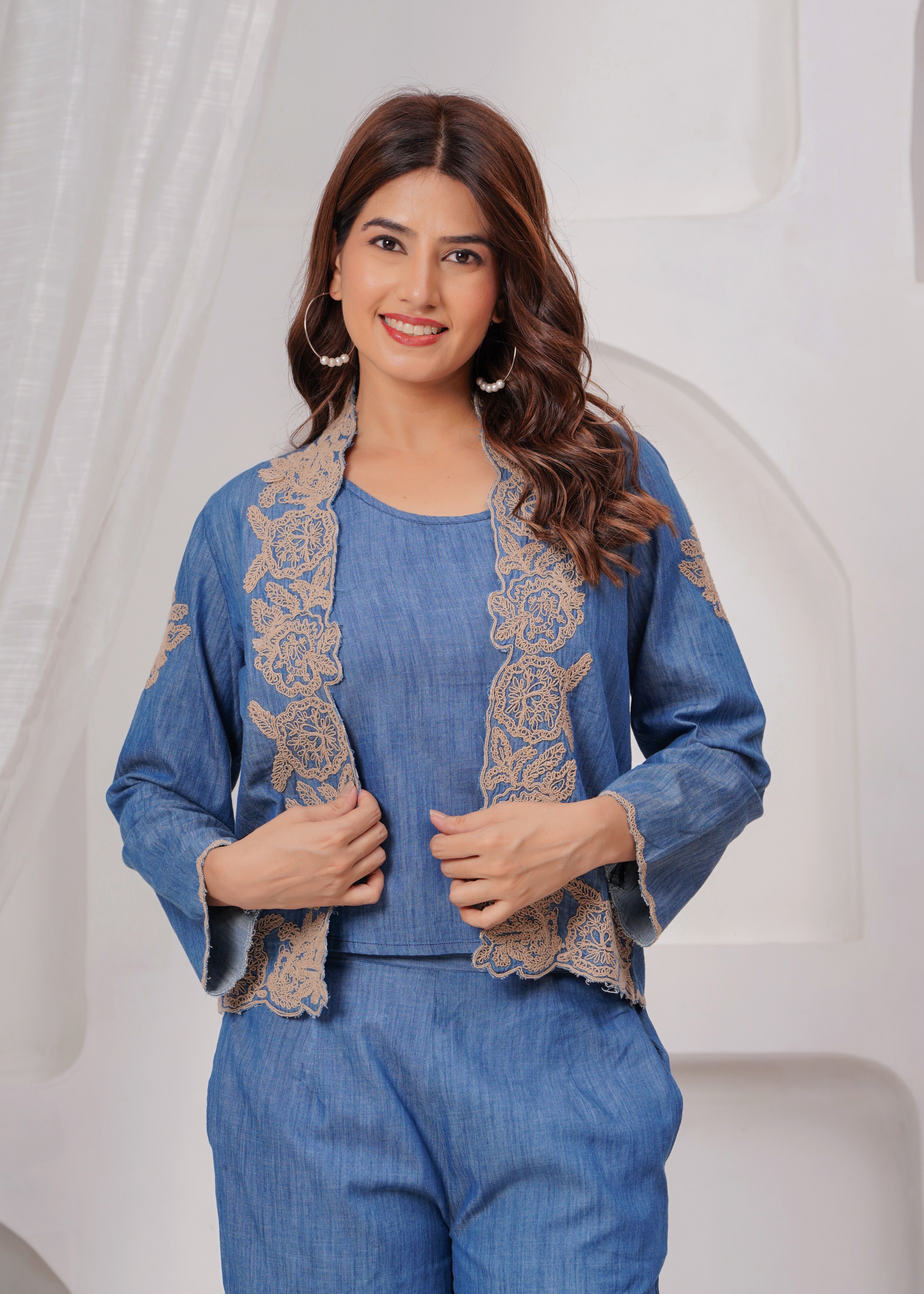 Embroidered Serenity Blue Cord Set with Jacket