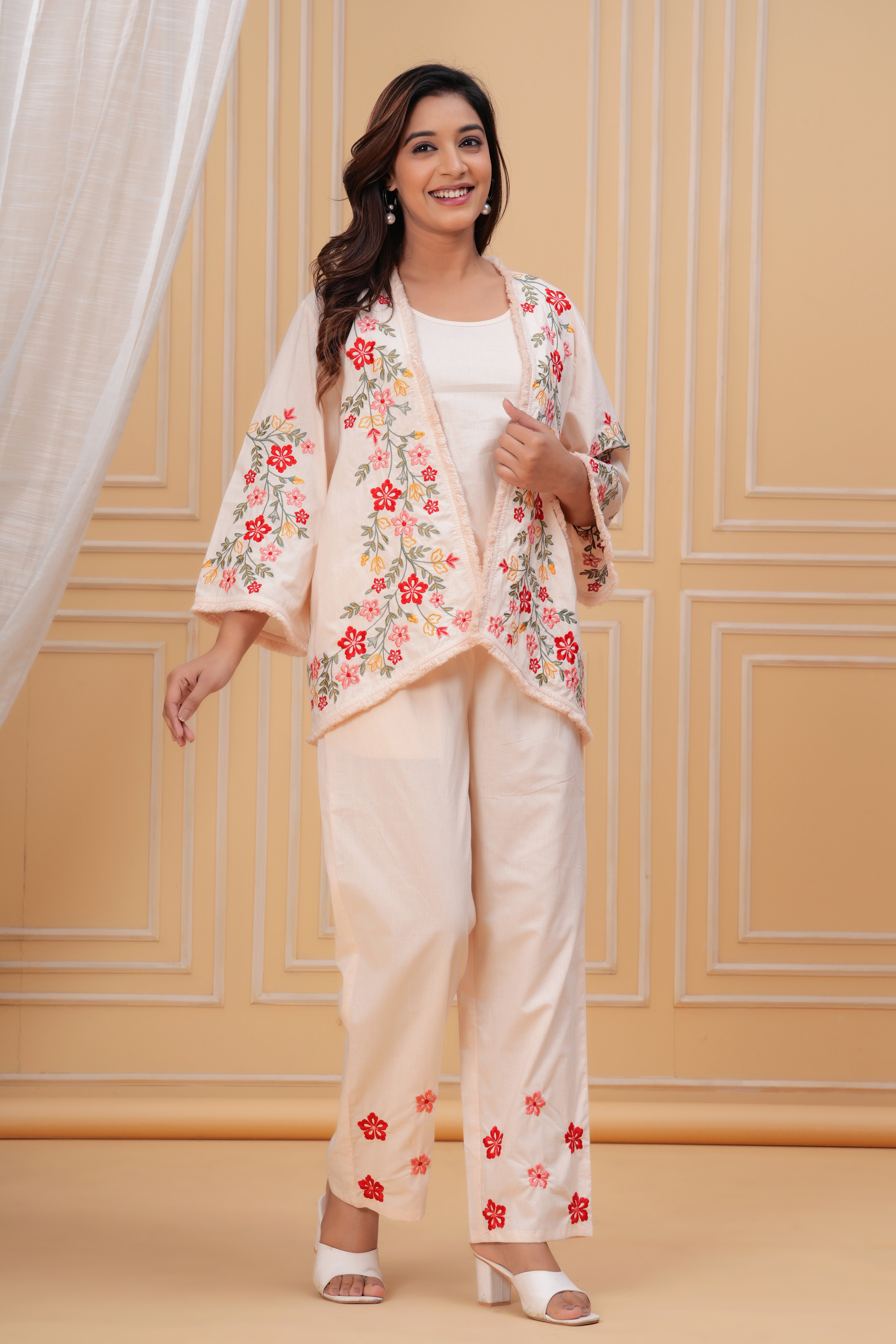 Blossom Beige Floral Threadwork Cord Set