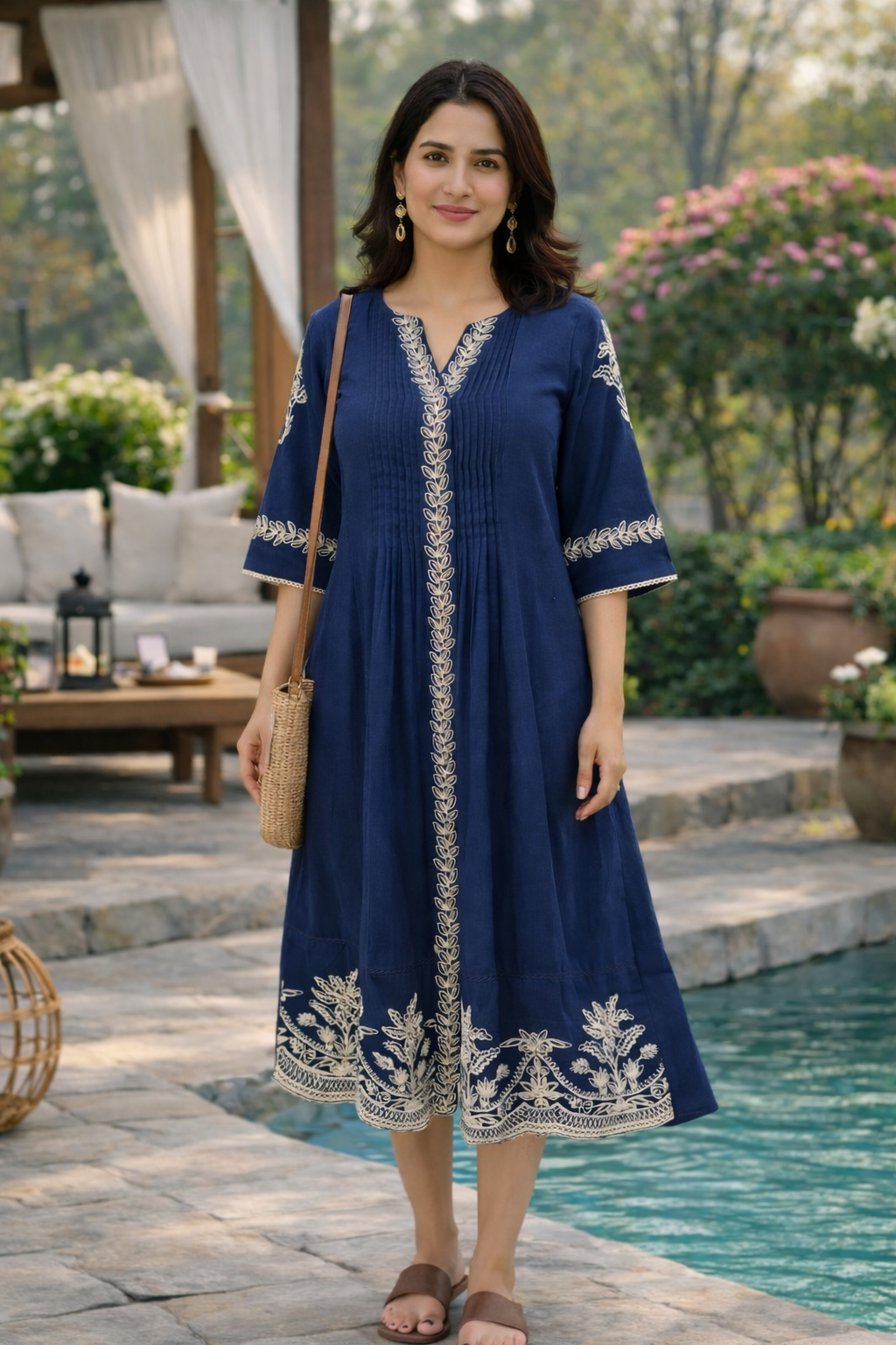 Navy Blue Embroidered Long Dress with Flared Fit