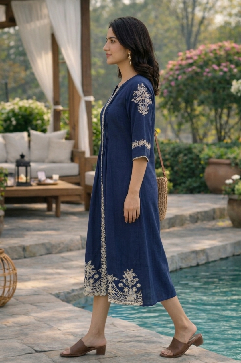 Navy Blue Embroidered Long Dress with Flared Fit