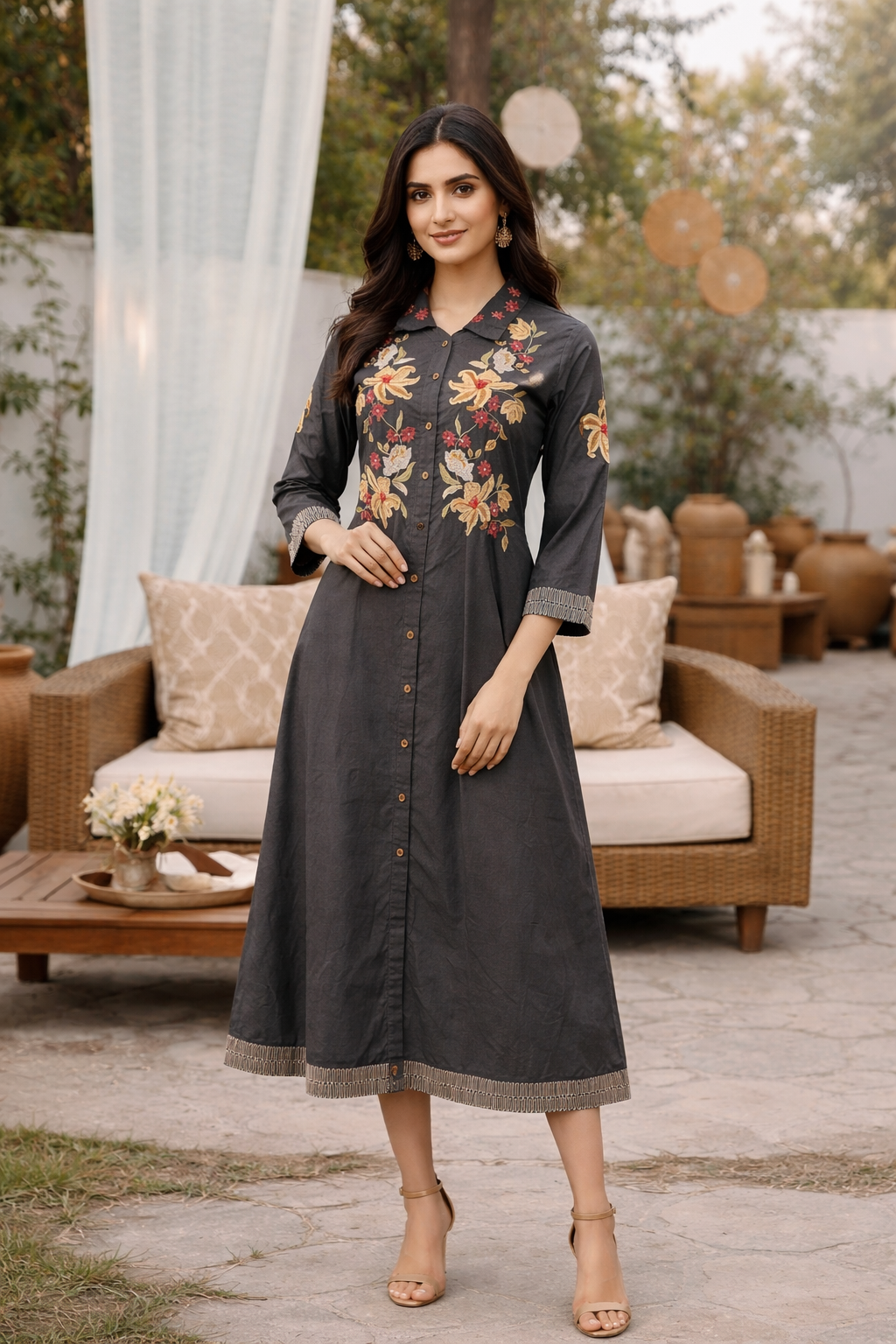 Grey Embroidered Long Dress with A-Line Fit