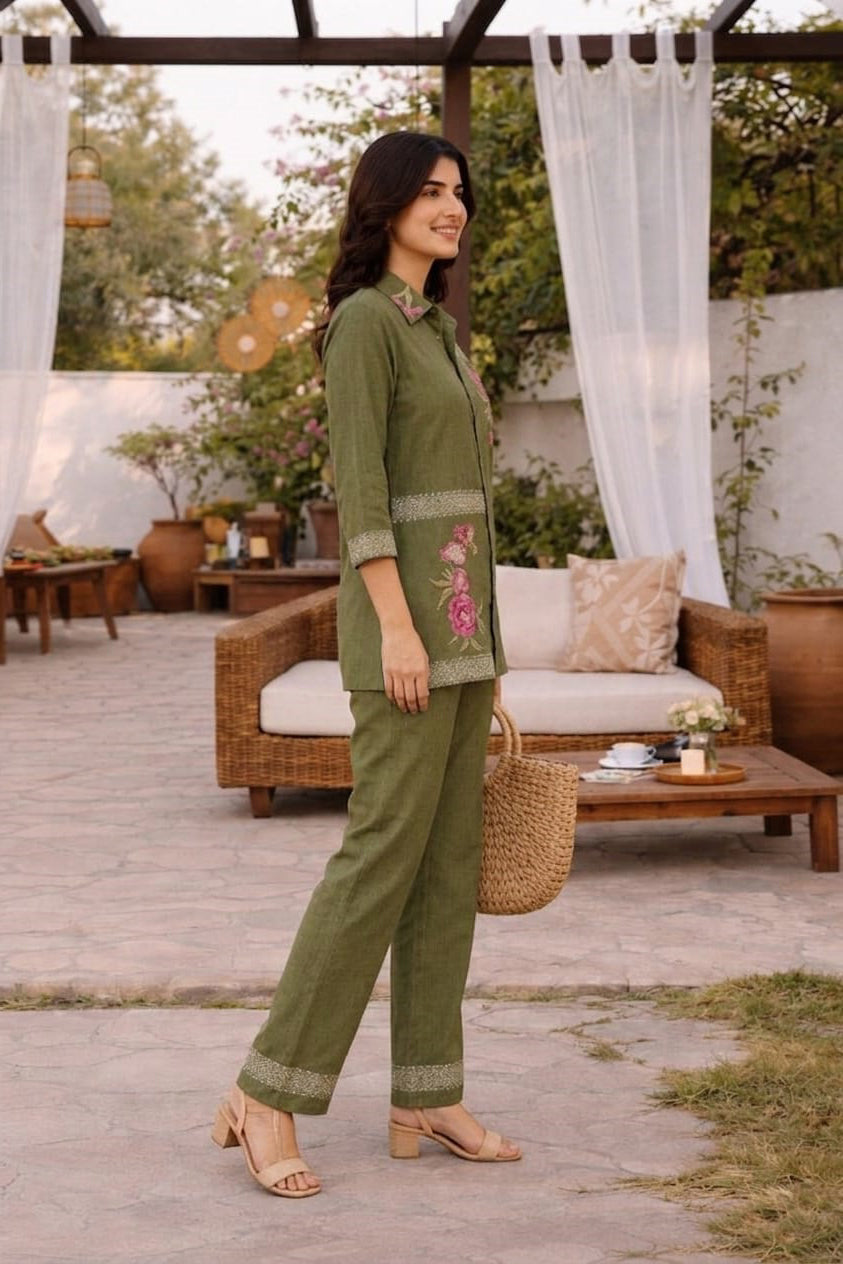 Olive Green Embroidered Co-ord Set with Straight Pants
