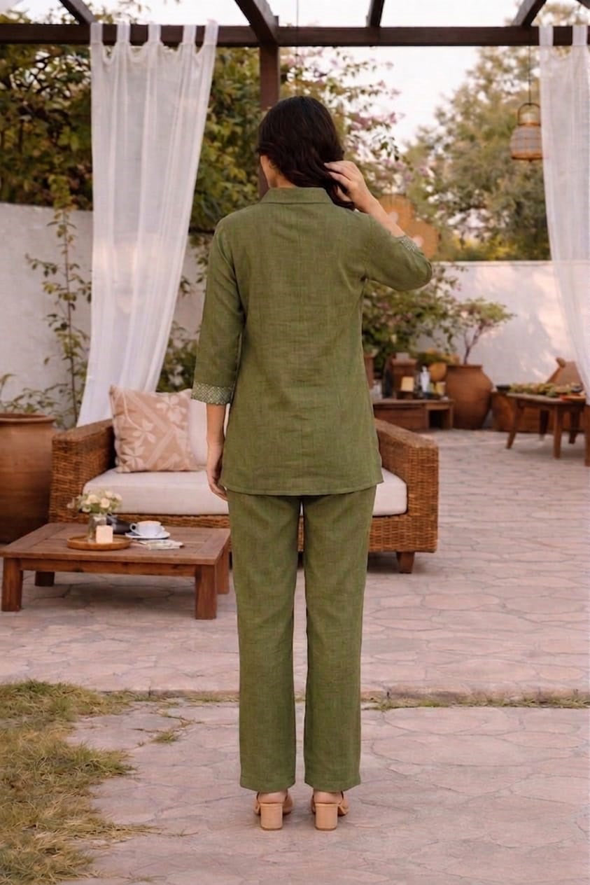 Olive Green Embroidered Co-ord Set with Straight Pants