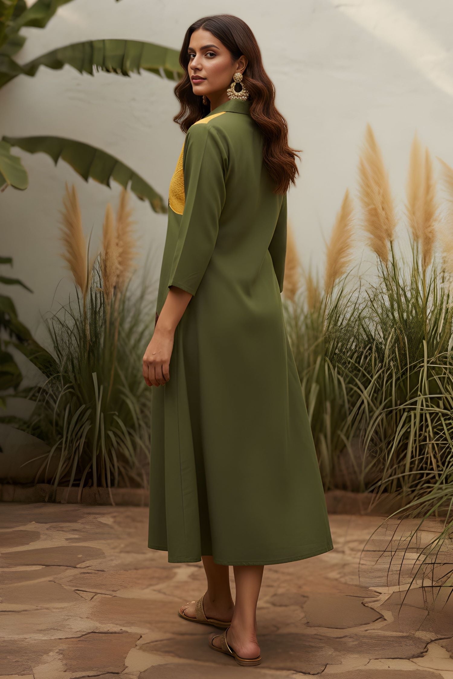 Regular Fit Leaf Green Collar Neck Dress.