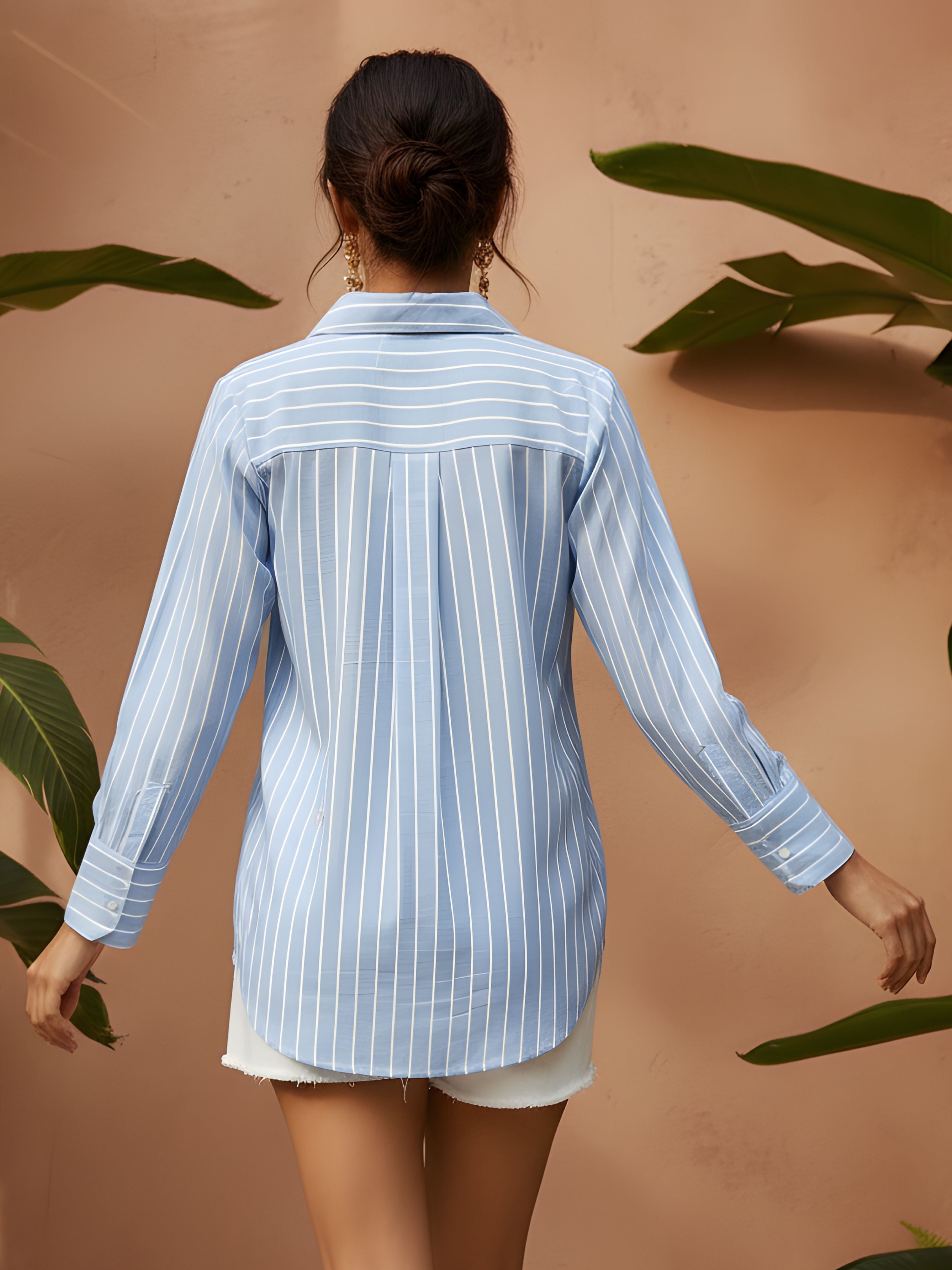 Blue Striped Embroidered Shirt with Button-Down Front
