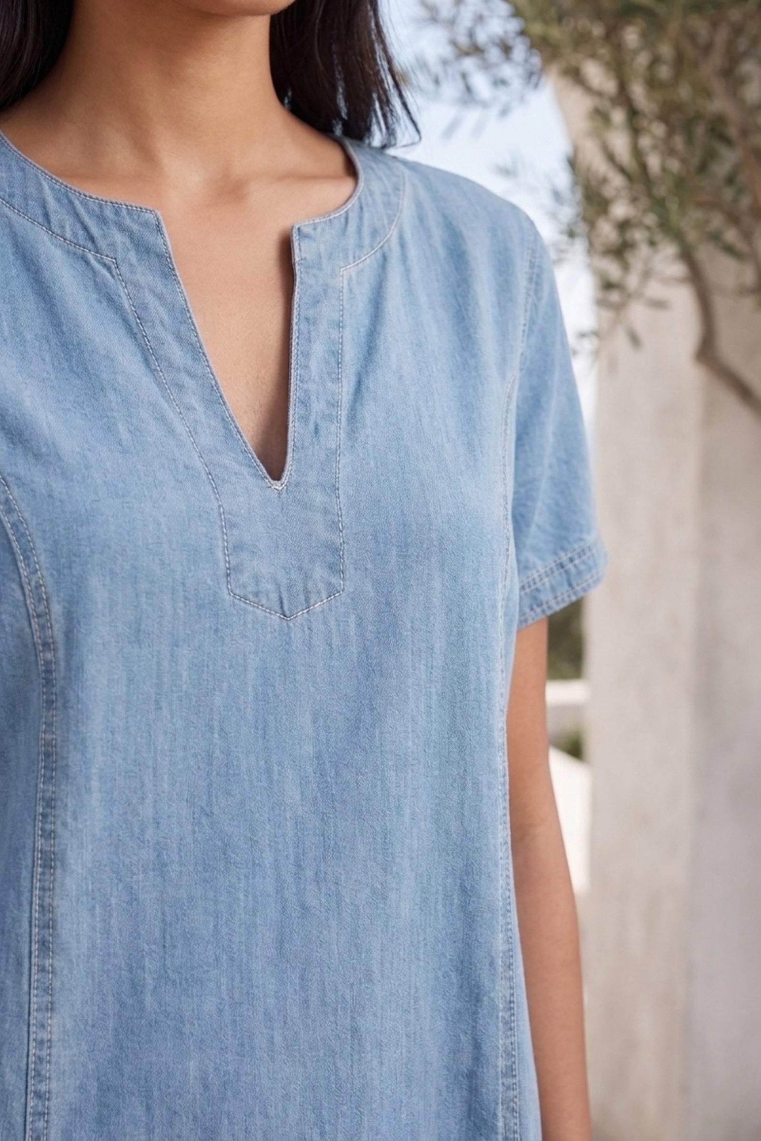Light Blue Denim Short-Sleeve Short Tunic Dress