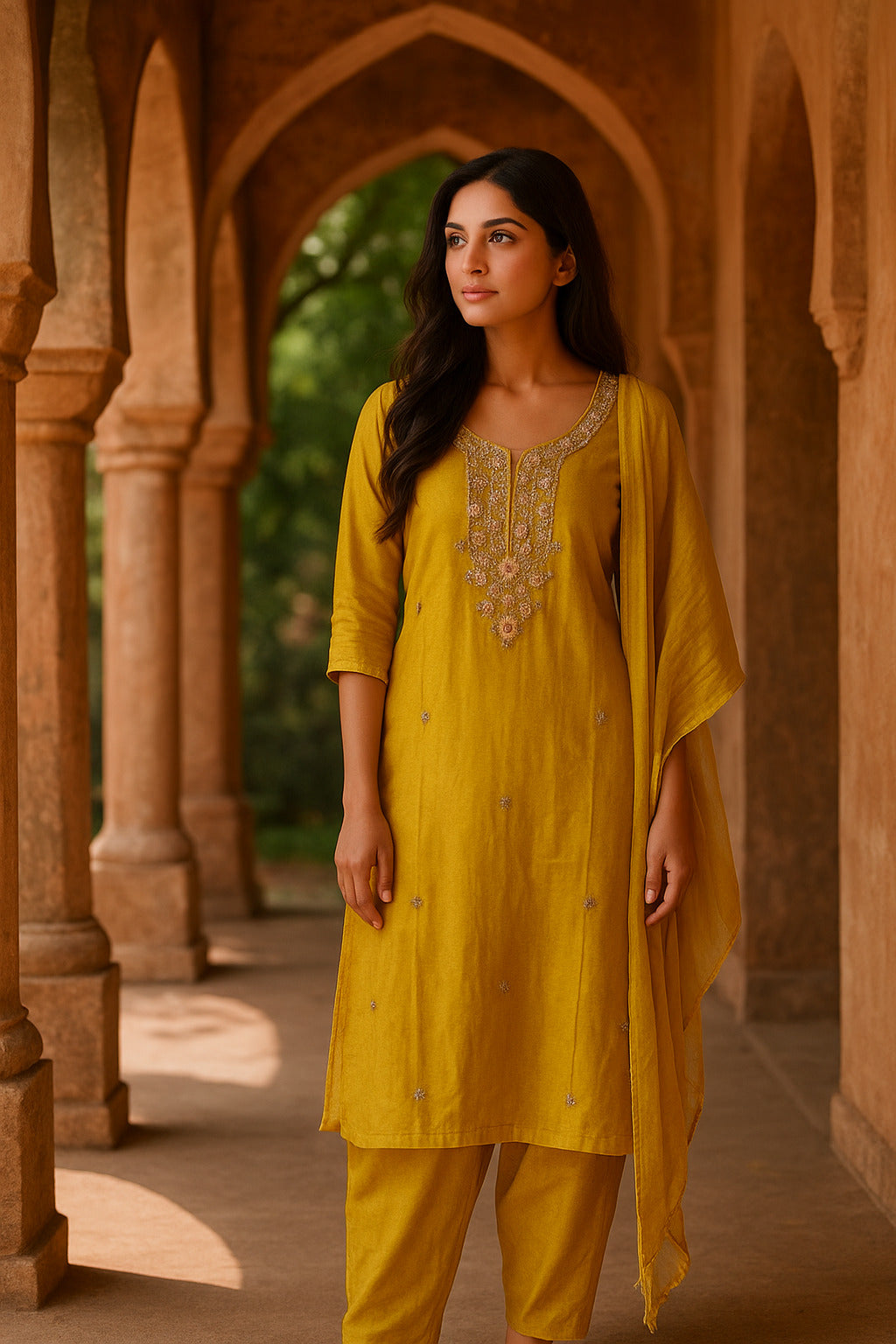 Mustard Suit with Embroidery Work And Chiffon Dupatta