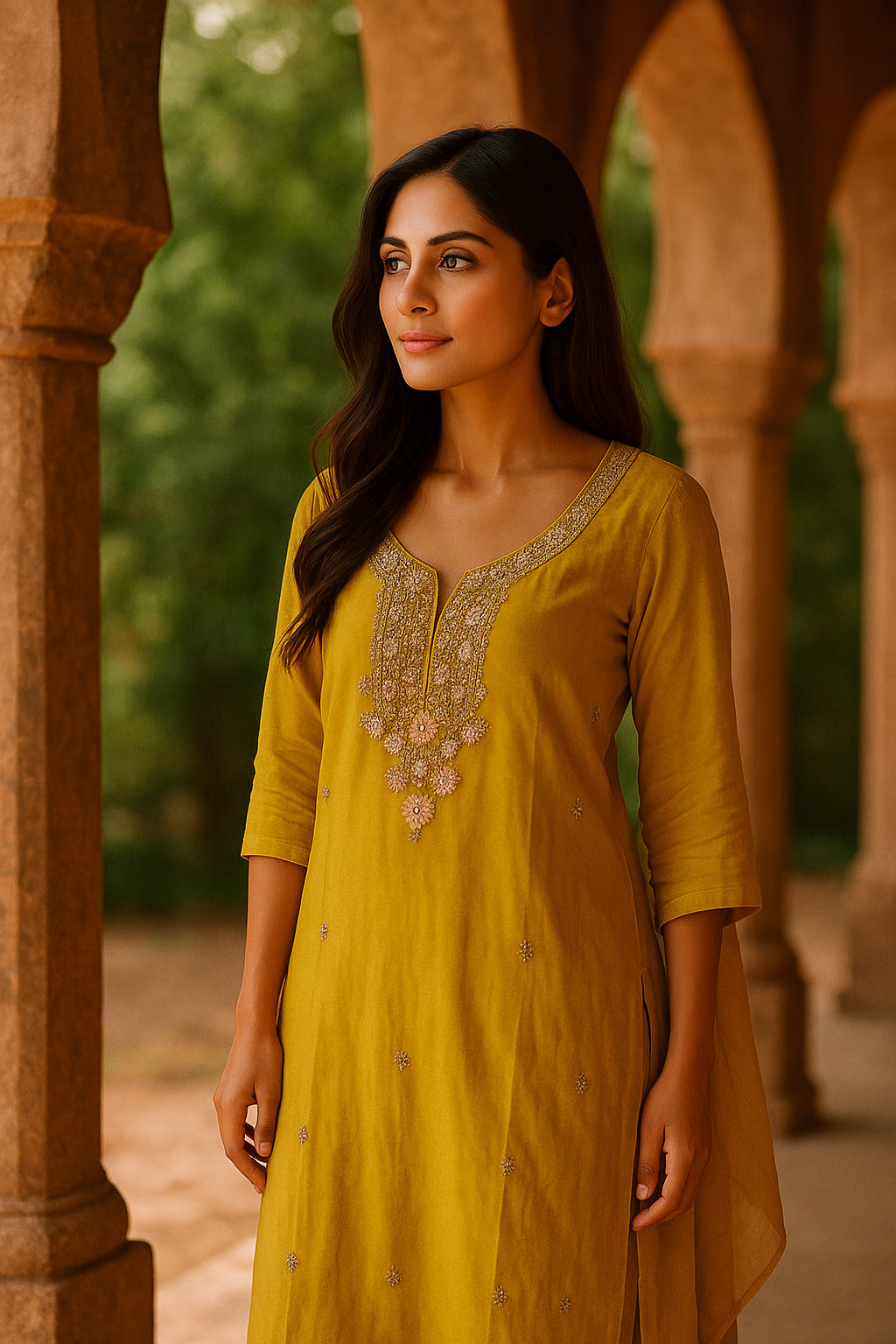 Mustard Suit with Embroidery Work And Chiffon Dupatta