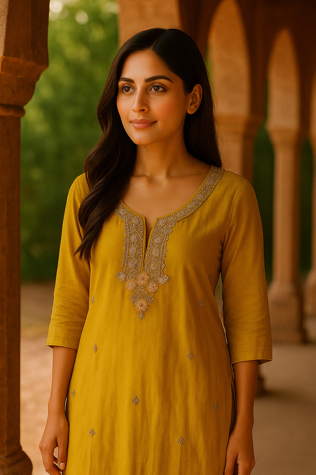 Mustard Suit with Embroidery Work And Chiffon Dupatta