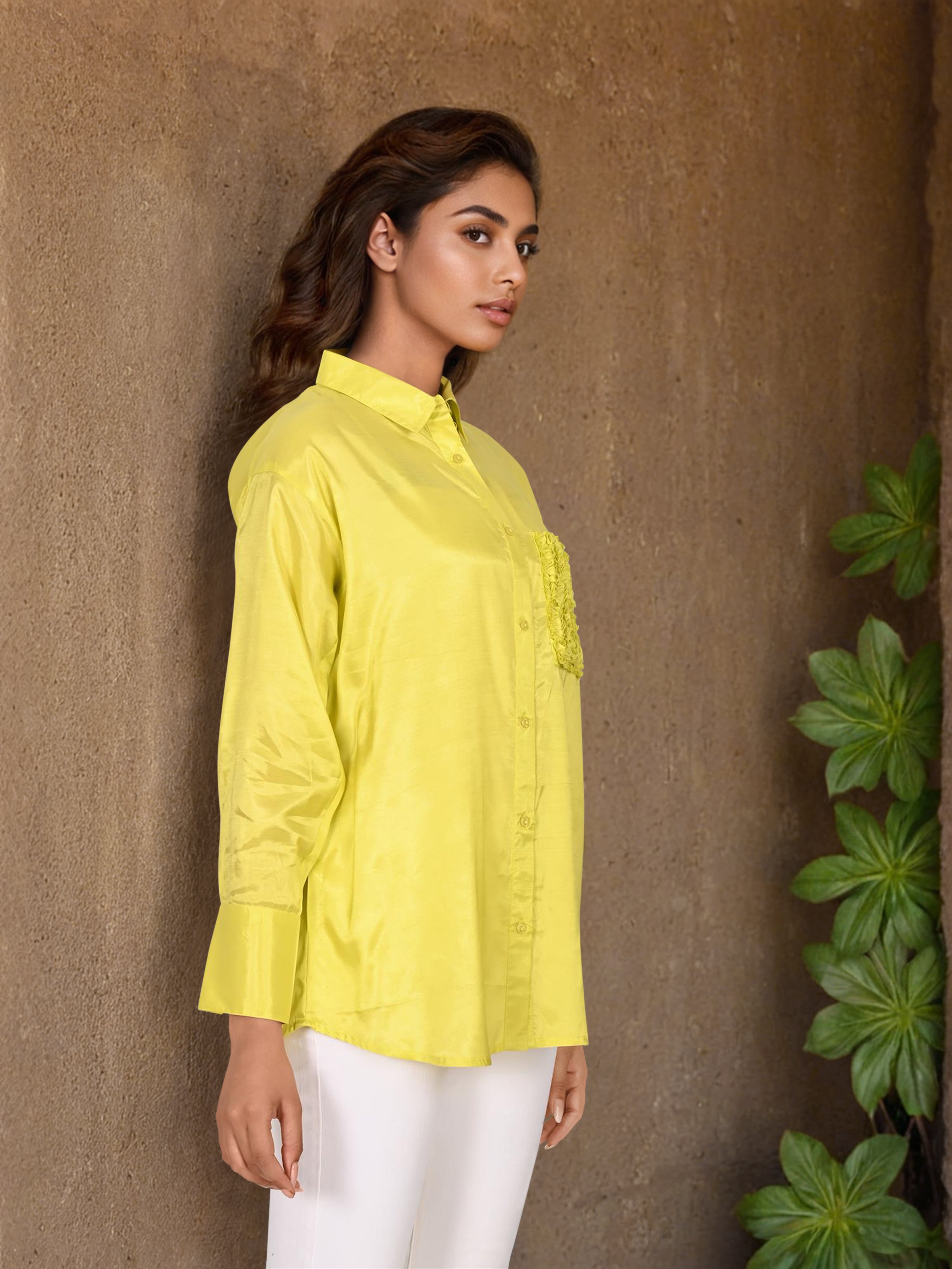 Yellow High-Low Shirt with Embroidered Pocket