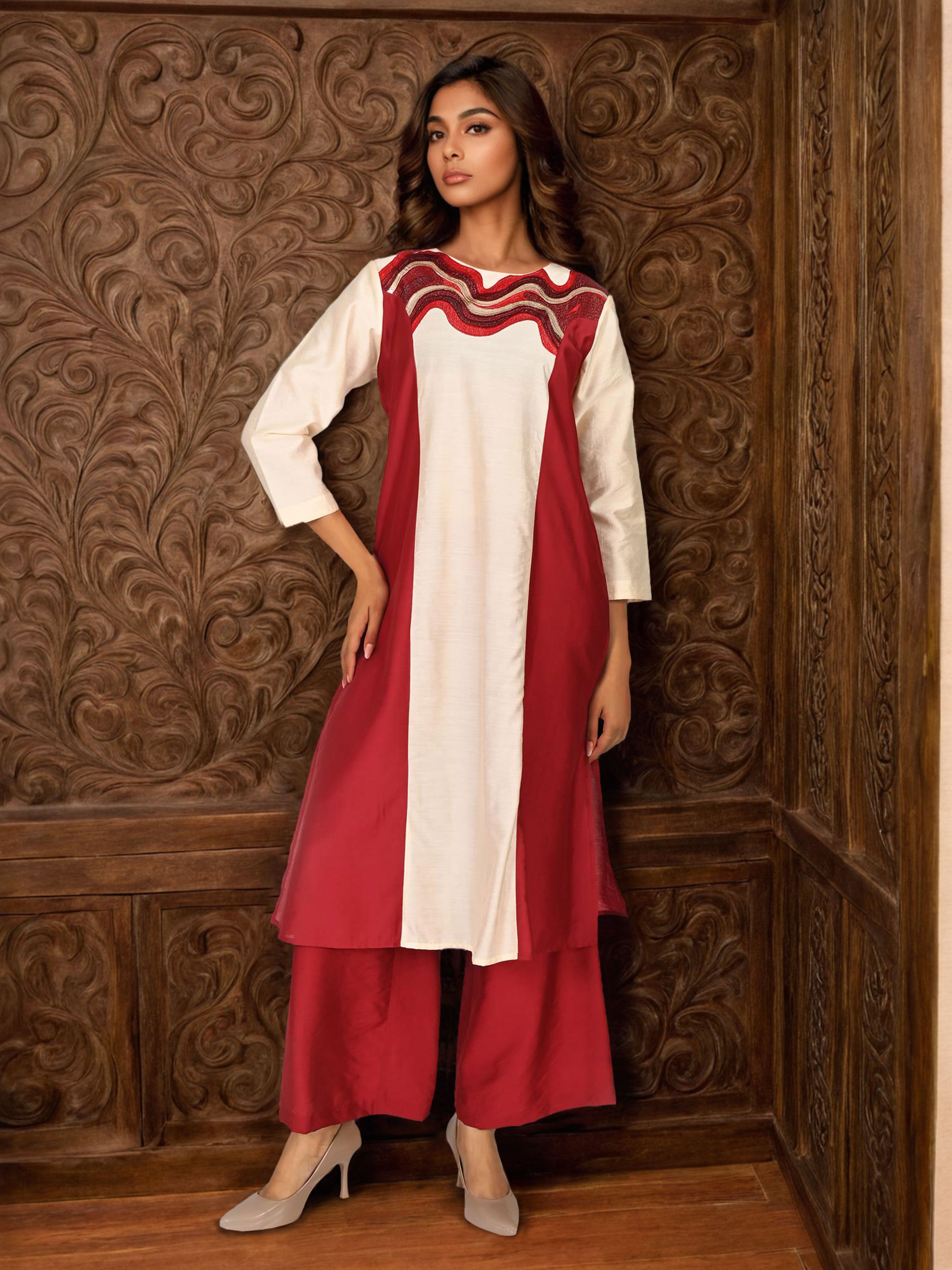 Beige and Red Satin Cord Set Showcasing Wavy Neckline Pattern